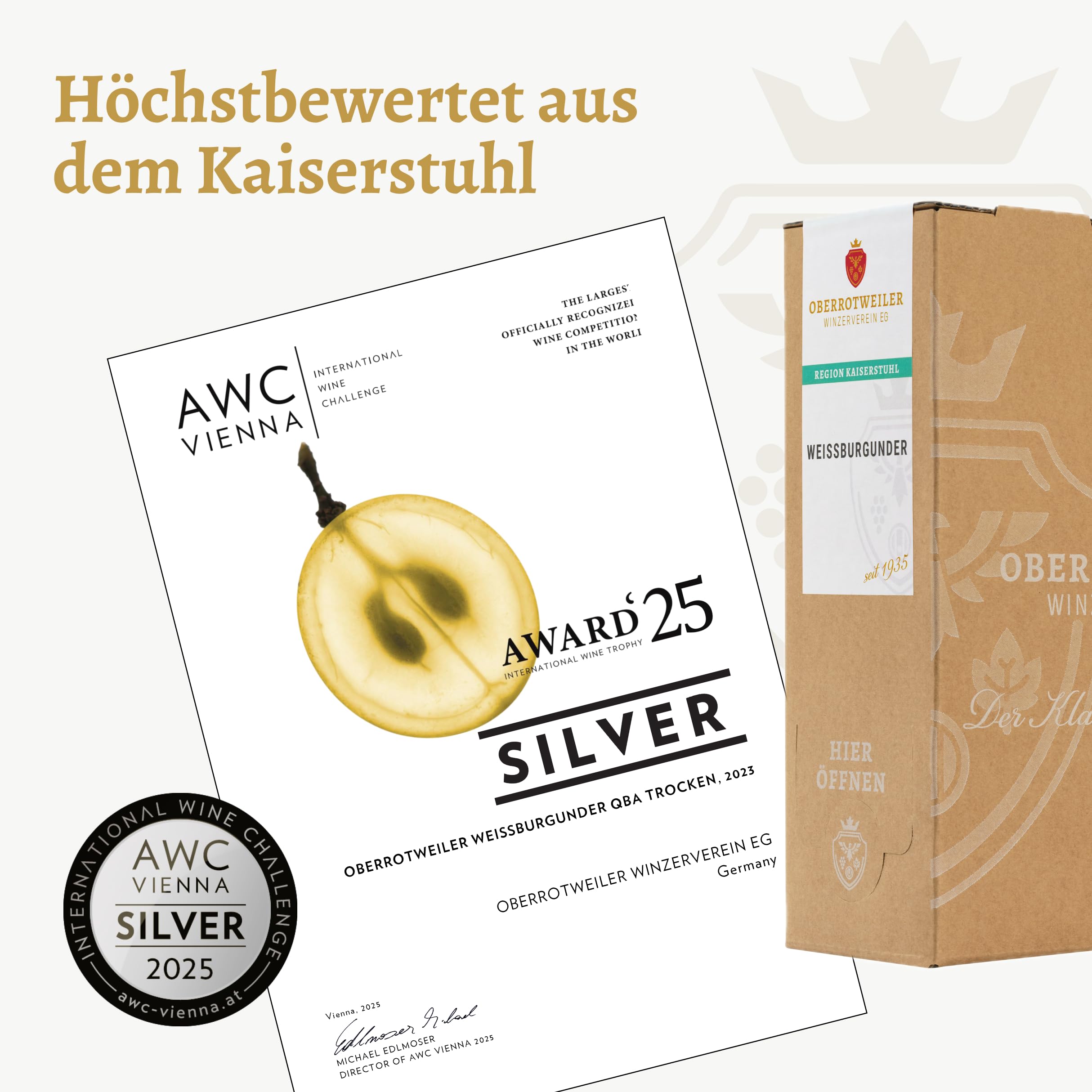 Oberrotweiler Wein-Box Weißburgunder 3 Liter QbA trocken - SILBER 2025 AWC Vienna - Frisch & fruchtig mit Apfel, Birne & Zitrus - Badischer Weißwein (4 x 3,0l Bag-in-Box)