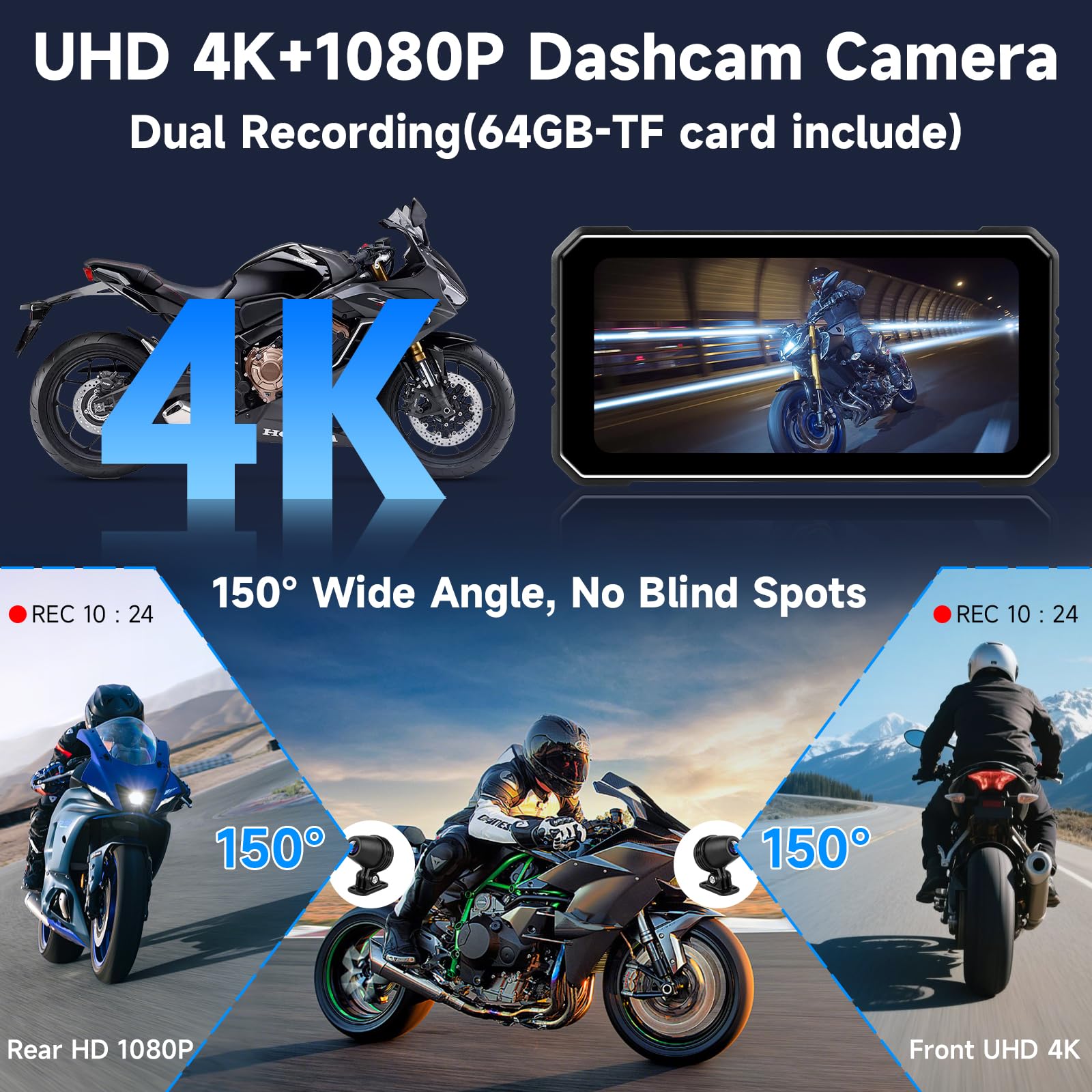 Vtopek 4K Dashcam Motorrad CarPlay 6,25-Zoll Motorrad Display Wireless Carplay Android Auto Motorradnavigationsgeräte IP67 Wasserdicht Motorad Navigation Dual-Bluetooth Siri Fernbedienung 64GB-Kart