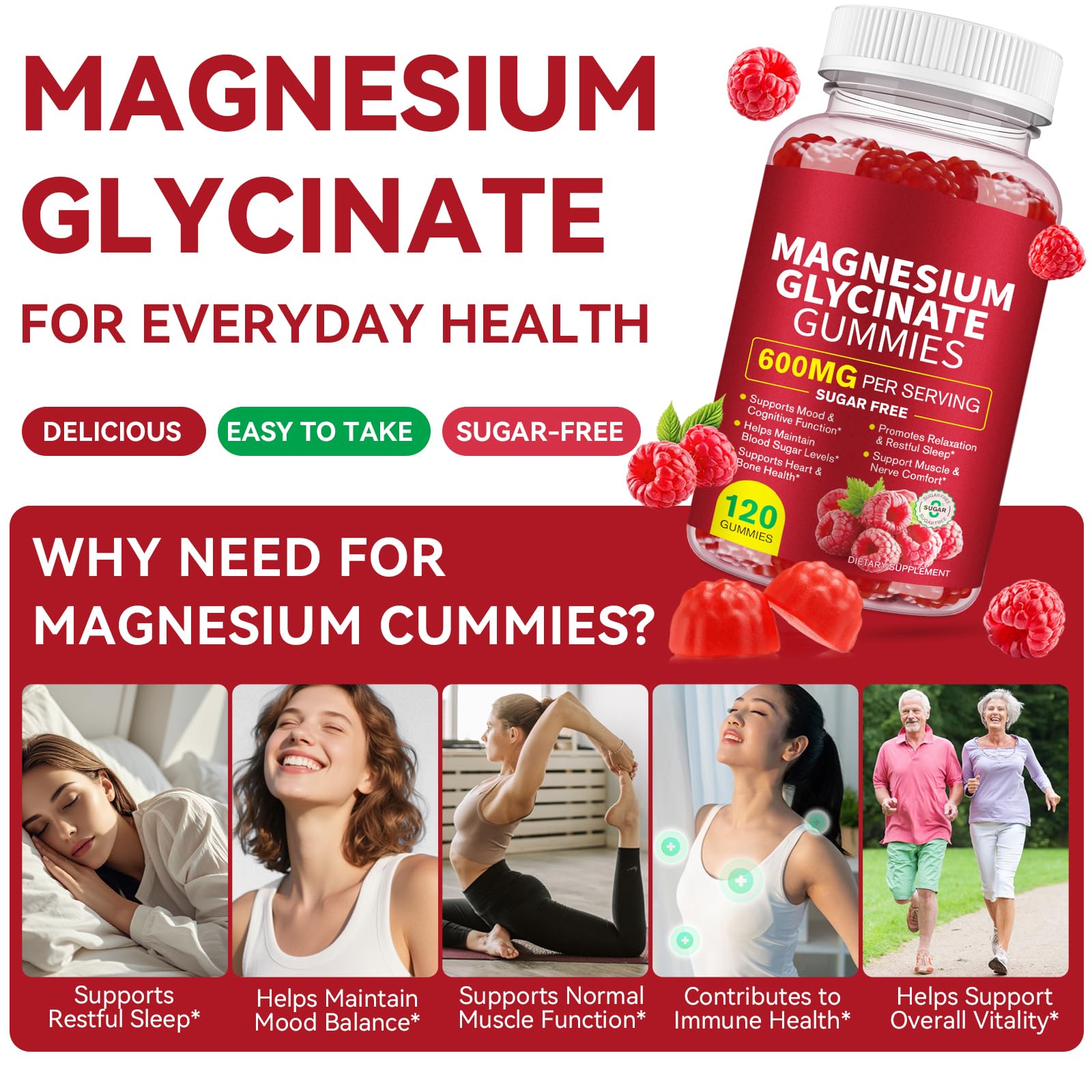 Magnesium Glycinate Gummies (Raspberry) 600mg, Sugar Free with Magnesium L-Threonate, Calcium, Potassium, Vitamin D3, B6 & CoQ10, High Absorption Support for Relaxation,Muscles & Energy, 120 Count — Amazon image 3