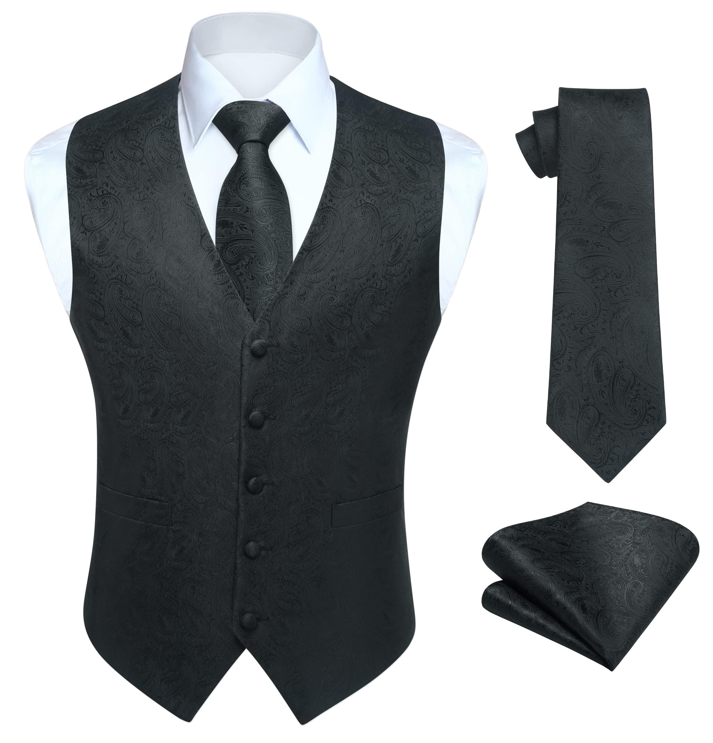 HISDERN Vest and Tie Sets for Men Vests Paisley Floral Jacquard Necktie Pocket Square 3PCS Waistcoat for Suit or Tuxedo