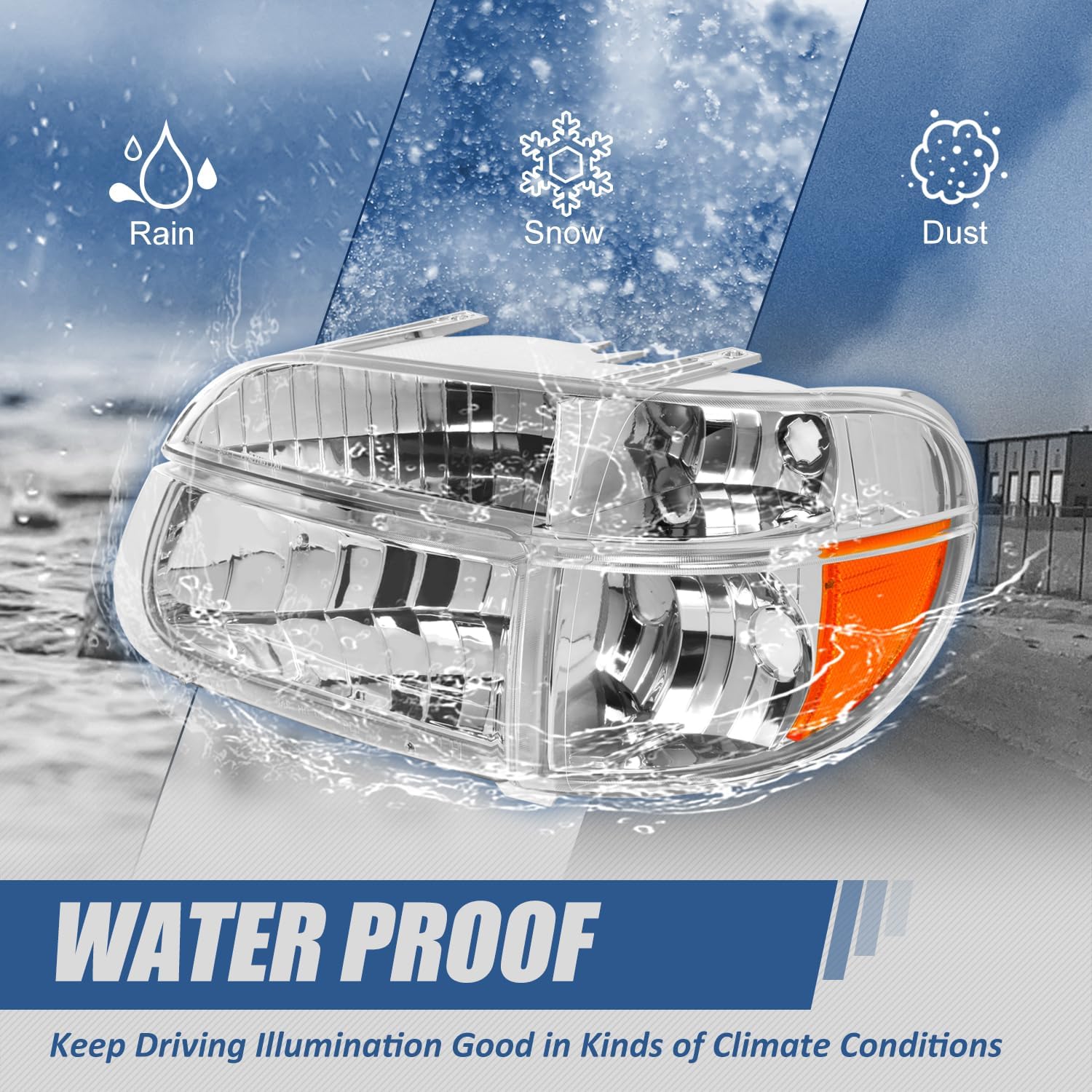 Auto Dynasty Headlights Assembly Compatible with 1995-2001 Ford Mercury Explorer Mountaineer, 4Pcs Driver and Passenger Side Halogen Headlamps Replacement w/Bumper Lamps, Chrome Housing Amber Corner