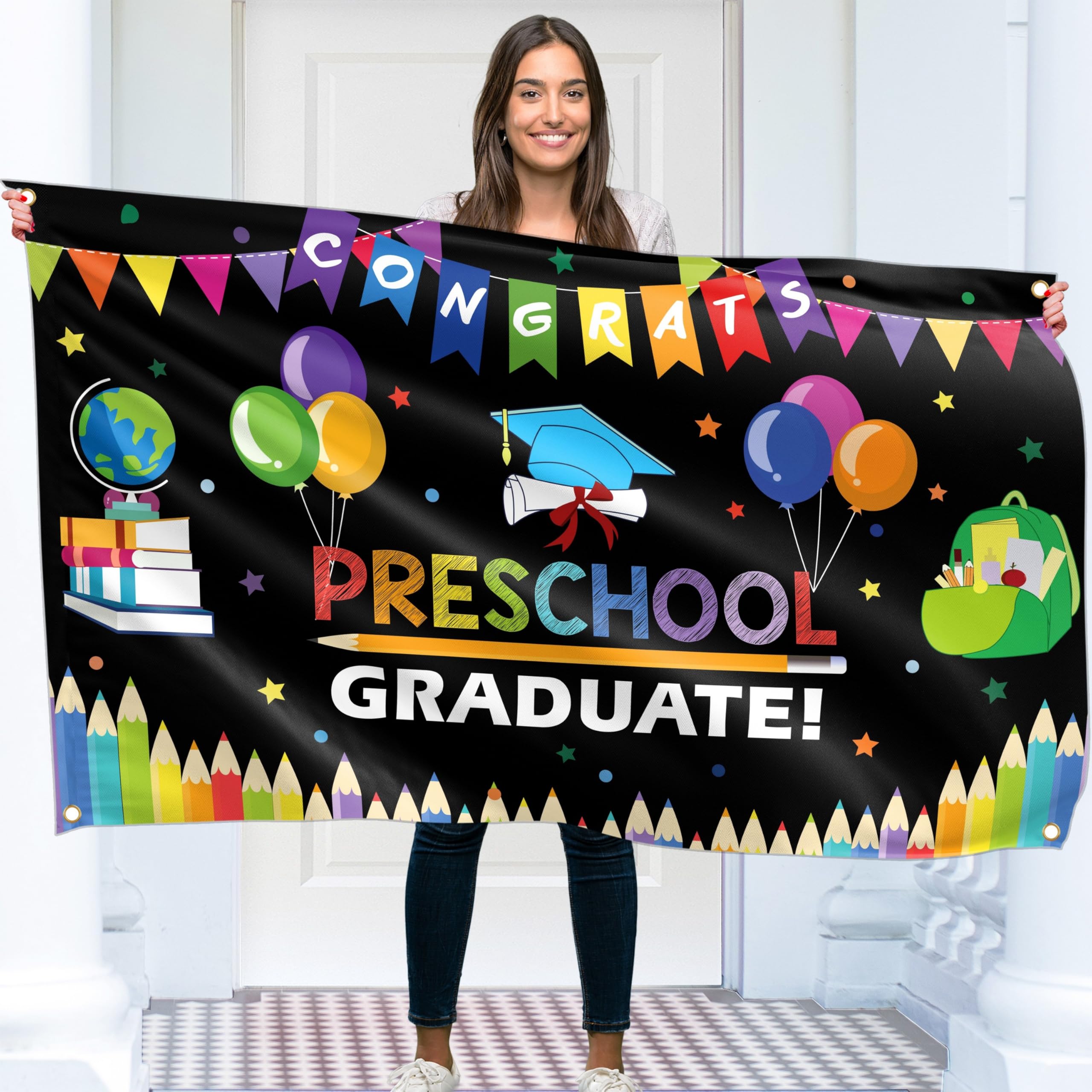 Preschool Graduation Banner - Preschool Graduation Decorations 5x3ft - Congratulations Banner (Vivid Black Colors)