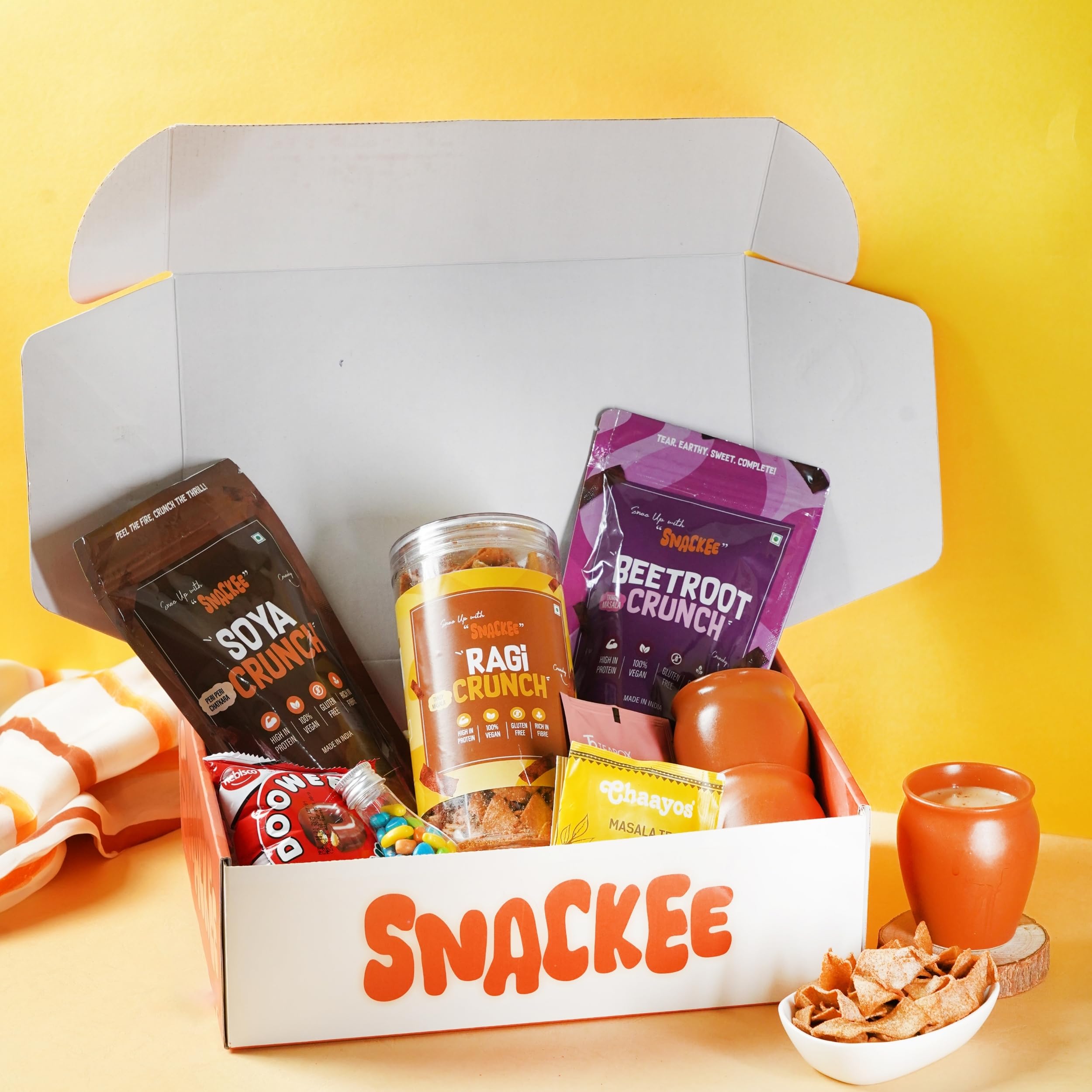 Snackee CHAI, CHAKNA AUR WOH GIFT BOX | Ragi, Beetroot & Soya Chips | Ceramic Kullhads, Tea Sachets, Donut & Candy | Healthy Indian Tea-Time Snack Combo | Snack Gift Hamper | Corporate Gift Pack-image-16