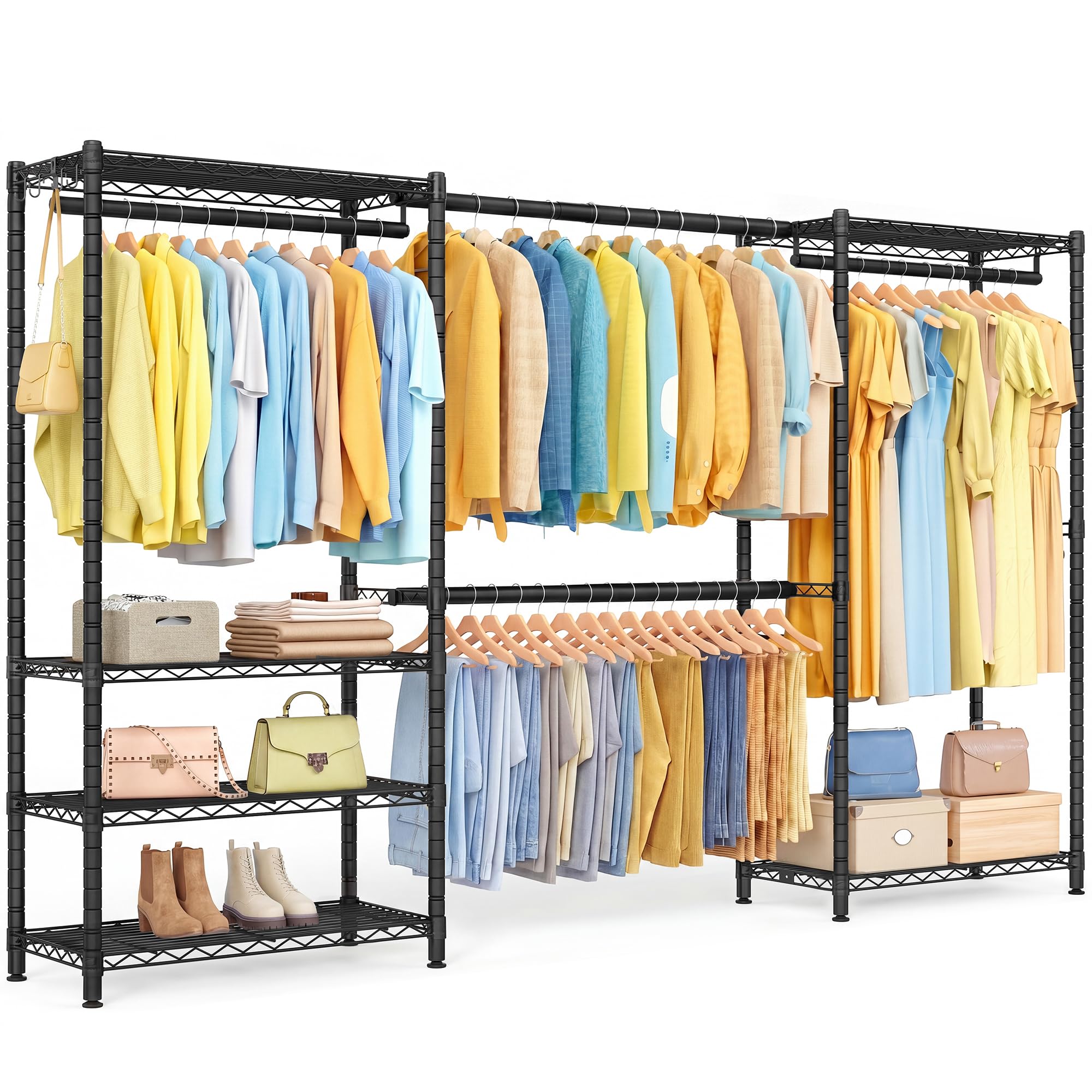 SONGMICS Osioł do ubrań, przenośna szafka z półkami i wysuwanymi drążkami do wieszania, hakami, 40 x (177-220) x 193 cm, czarny atrament LGR438BH01