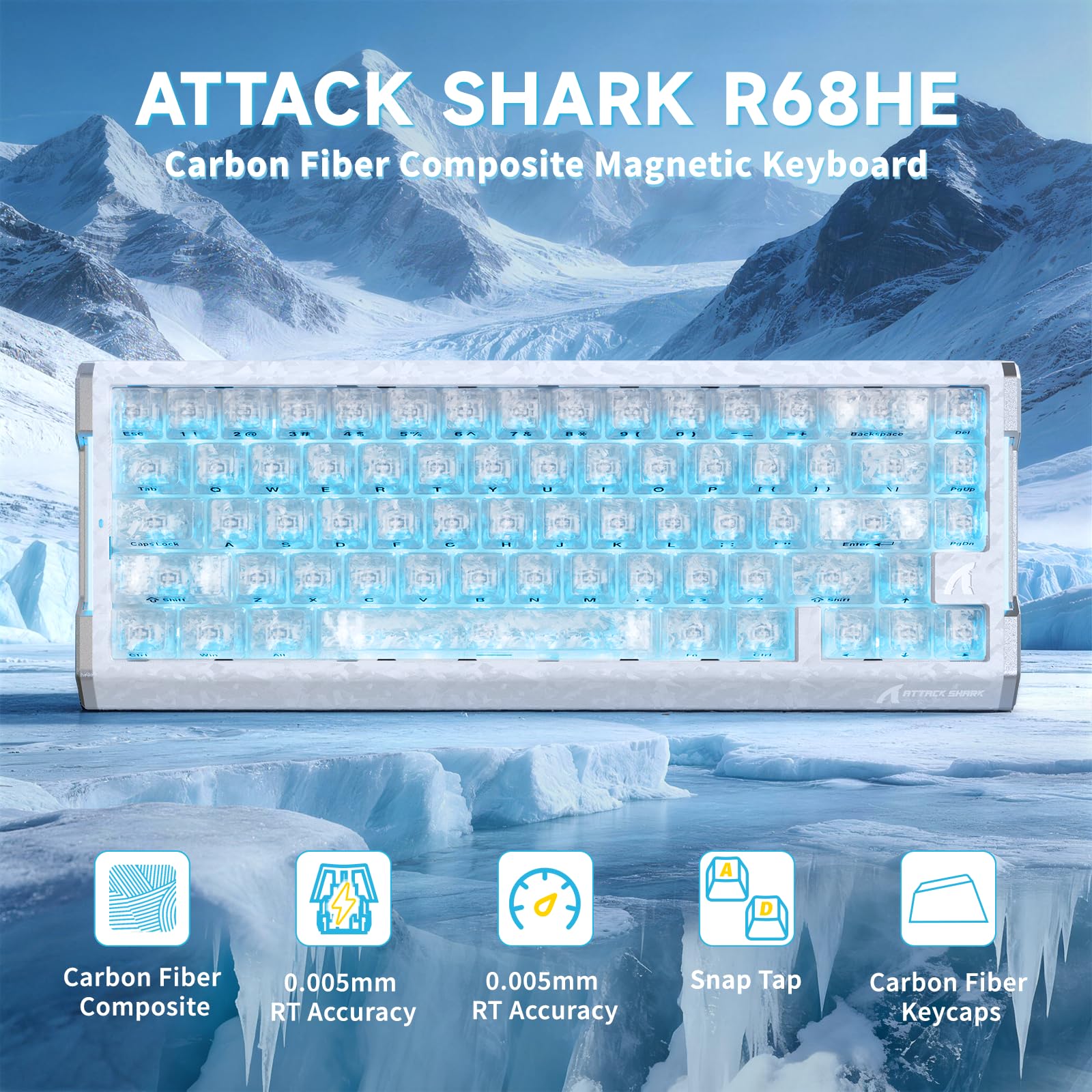 MAMBASNAKE Attack Shark R68 HE Carbon Fiber Rapid Trigger Tastatur, Kabelgebunden 8KHz Magnetisch, 0,005mm RT Genauigkeit, Geschmiedetes Carbon Fiber, 6‑Layer Akustikdämpfung, Dual Driver, Weiß - 3