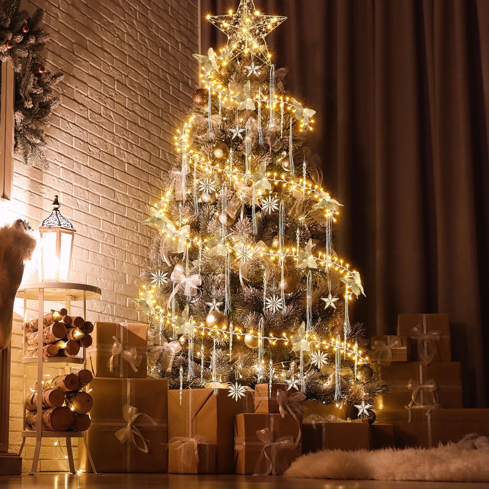 Mudder Guirlande lumineuse en forme de papillon de 15 m avec fil métallique en acrylique flocon de neige, étoile et stalactites, 300 LED, alimentée par piles, décoration d'intérieur