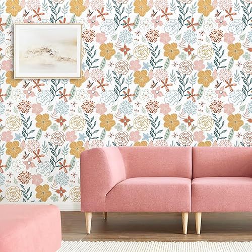 Miniatura 9 de WENMER Papel tapiz floral para despegar y pegar de 17.71 x 394 pulgadas, papel tapiz floral bohemio, papel de contacto floral rosa, autoadhesivo,