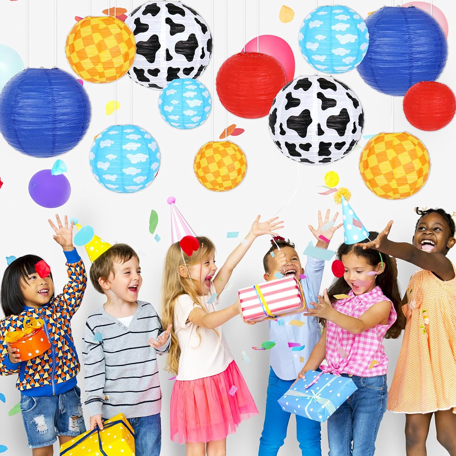 Whaline 12Pcs Cartoon Story Paper Lantern Kits Red Blue Cow Print Yellow Checkered Hanging Round Lanterns for Birthday Baby Shower Party Decoration