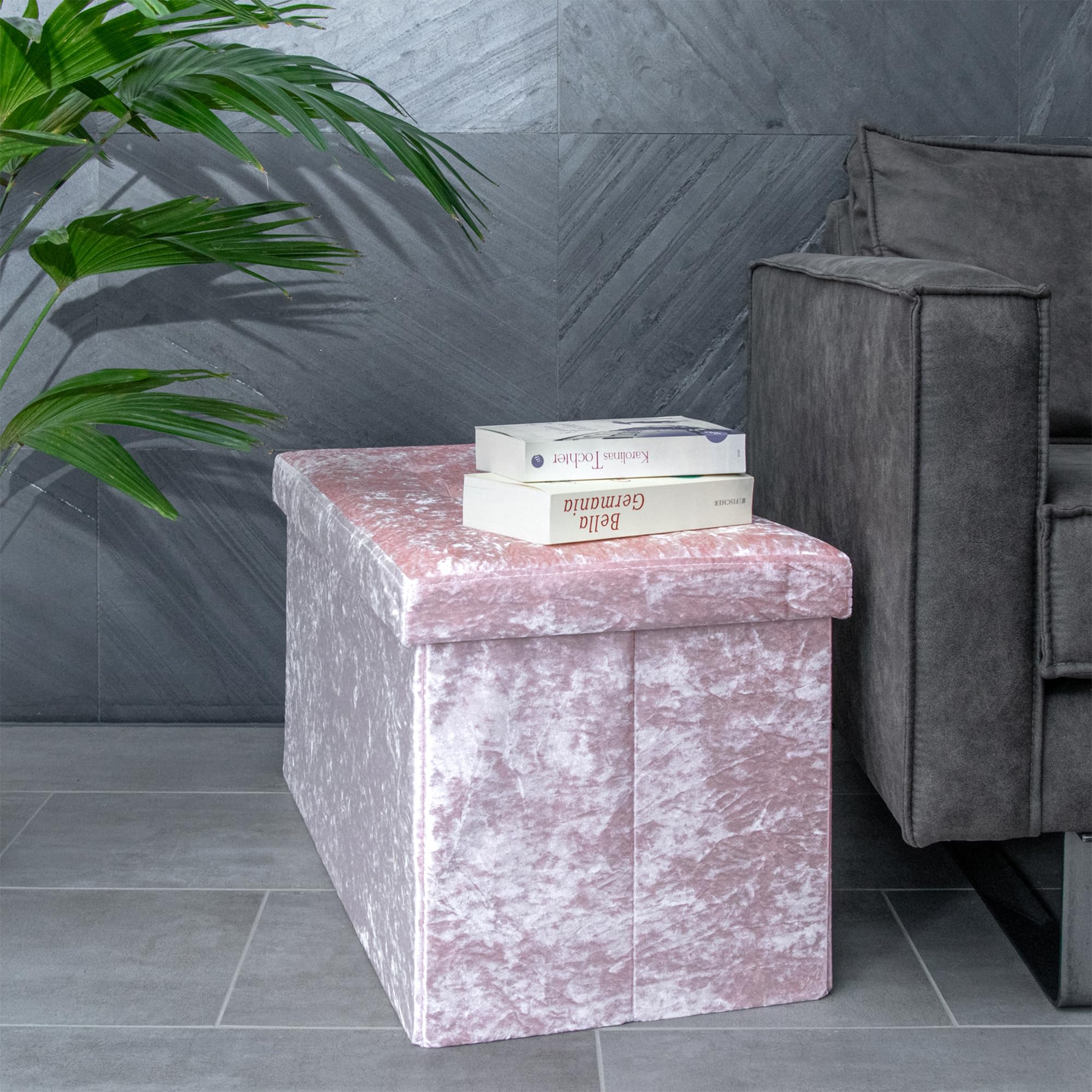 INTIRILIFE Banco Plegable 76x38x38cm en Terciopelo Rosa - Asiento Cubo con Espacio de Almacenamiento y Tapa con Funda de Terciopelo - Asiento Cubo reposapiés Plegable Caja de Almacenamiento Cofre