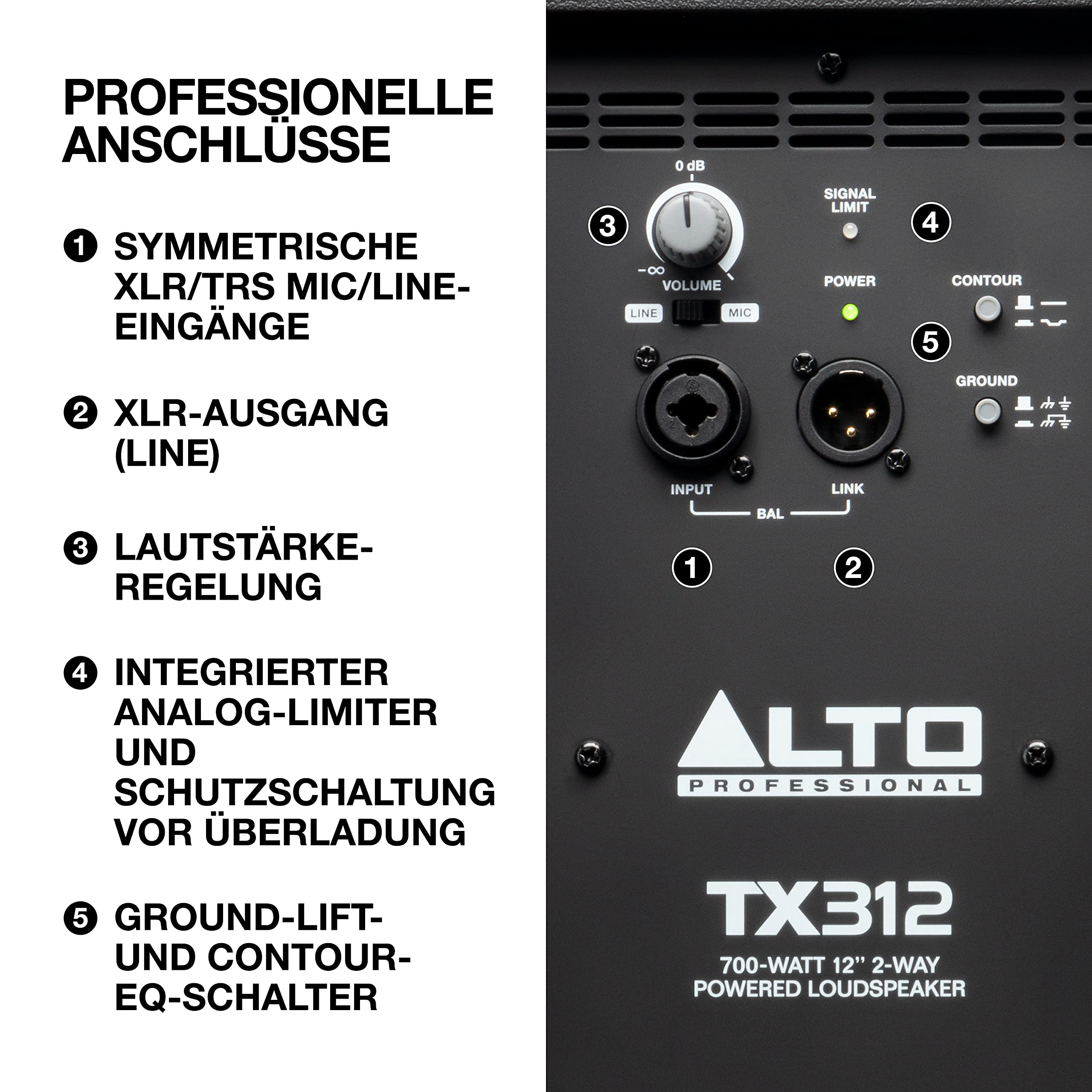 ALTO TX312-700 Watt 12-Zoll 2-Wege Aktiver PA-Lautsprecher mit Signal-Limiting und Schaltbarem Mikrofon/Line-Preamp und XLR In/Out