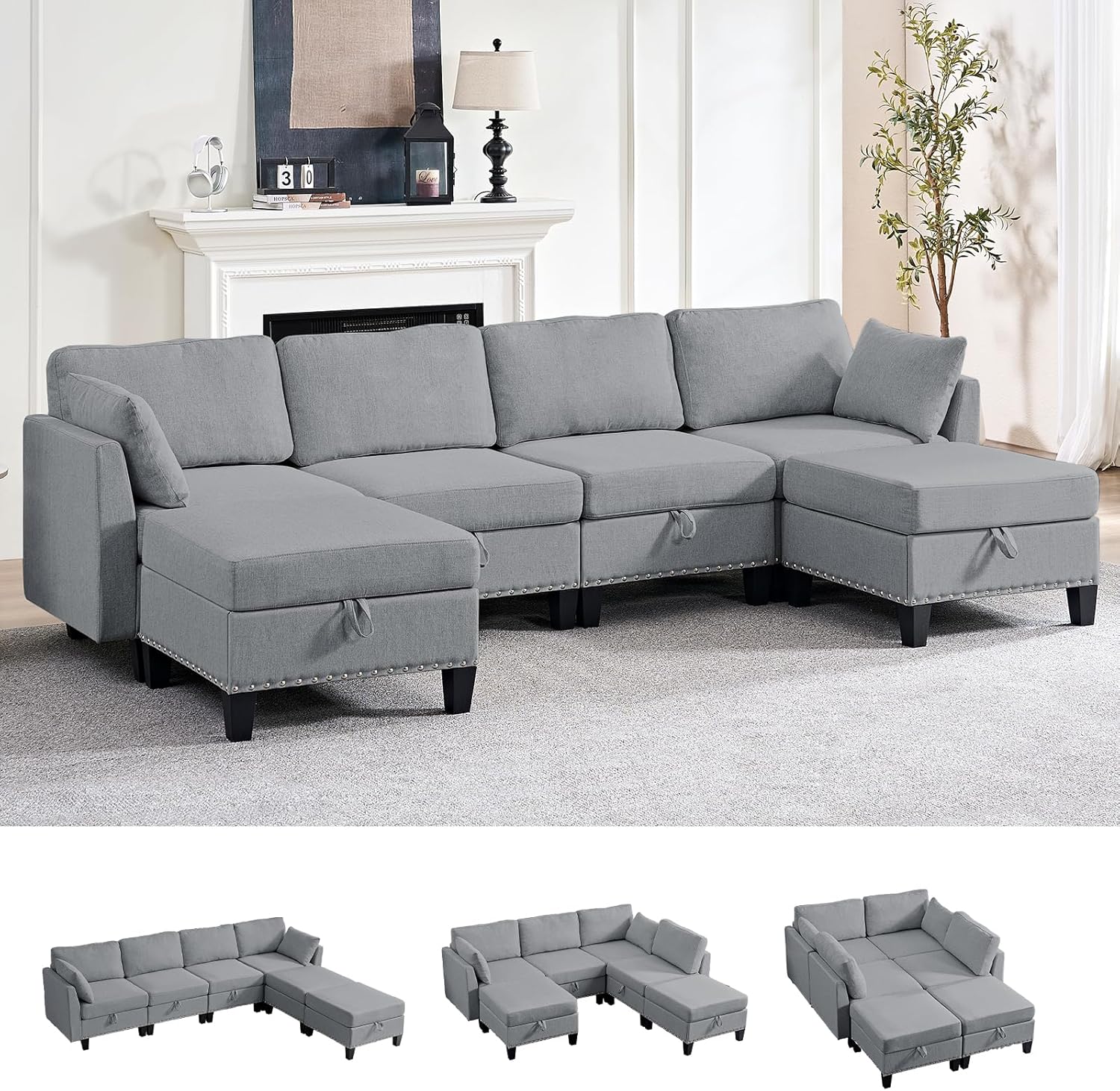 PUREMIND Modular Sectional Sofa, U Shaped Sofa Cloud Sectional Sofa with Storage, Upholstered Couches with Deep Seat Modern Linen Fabric Small Couch for Living Room, Bedroom, Apartment (Light Grey)