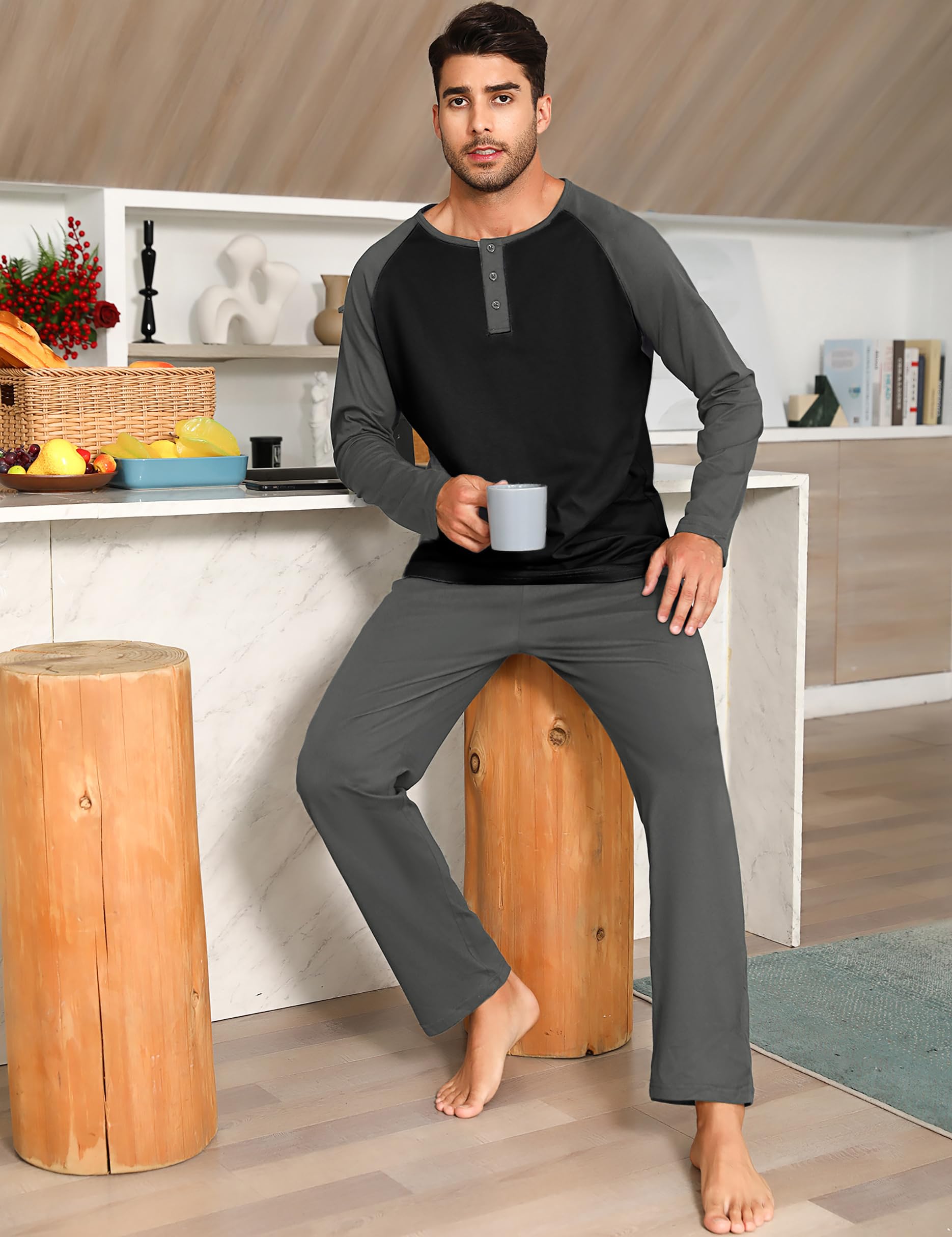 Migcaput Pigiama Cotone da Uomo Set Lungo Comodo Pigiami Due Pezzi da Uomo Pigiama Manica Lunga Pigiama con Tasche con Bottoni