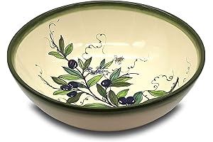 Olive Design Italian Pasta Bowls for Kitchen - Hand-Painted Tuscan Pottery Bowls