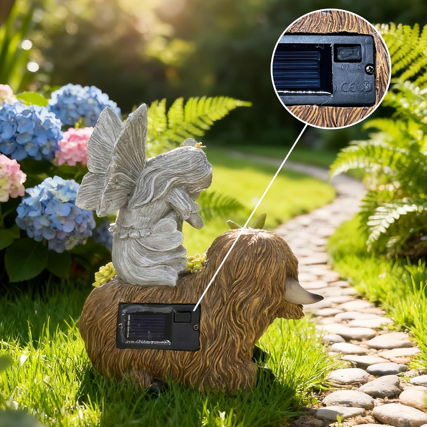 Angel Garden Decor Statue Solar Angel Sitting on Highland Cow Succulent Butterfly Bee LED Lights Outdoor Decorations for Yard Patio Housewarming Gift for Mom Women
