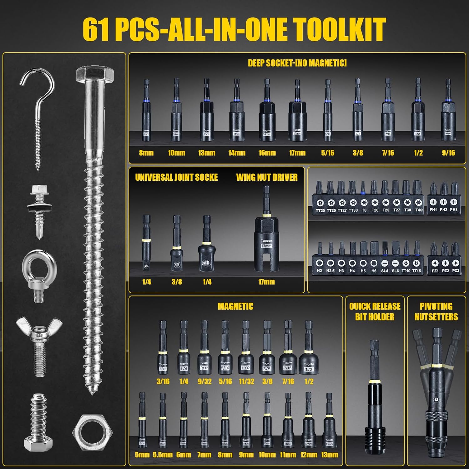 60pcs Magnetic Nut Driver Set for Impact Drills - Deep Nut Drivers, Metric & SAE Socket Adapters, Bit Extension, 1/4'' Quick Change, Wing Nut Driver, Pivoting Nutsetter, S2 Steel Bits, Upgraded Box