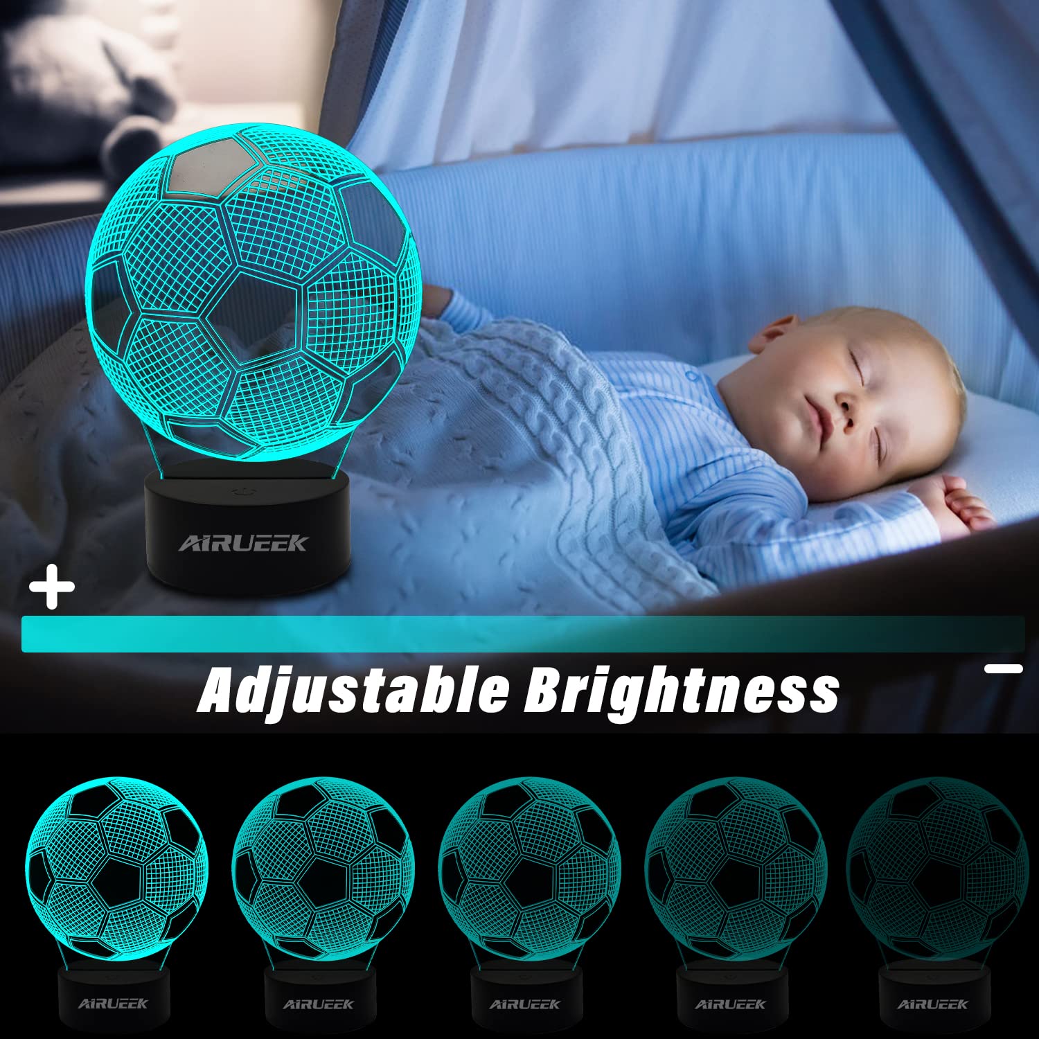 AIRUEEK Regalo de Calcio per ragazzo-3D Luce Notturna Bambini-con 16 Cambi di Colore e Telecomando,Regalo Compleanno per Bambina, bambino,ragazza, ragazzo, battesimo bimbo