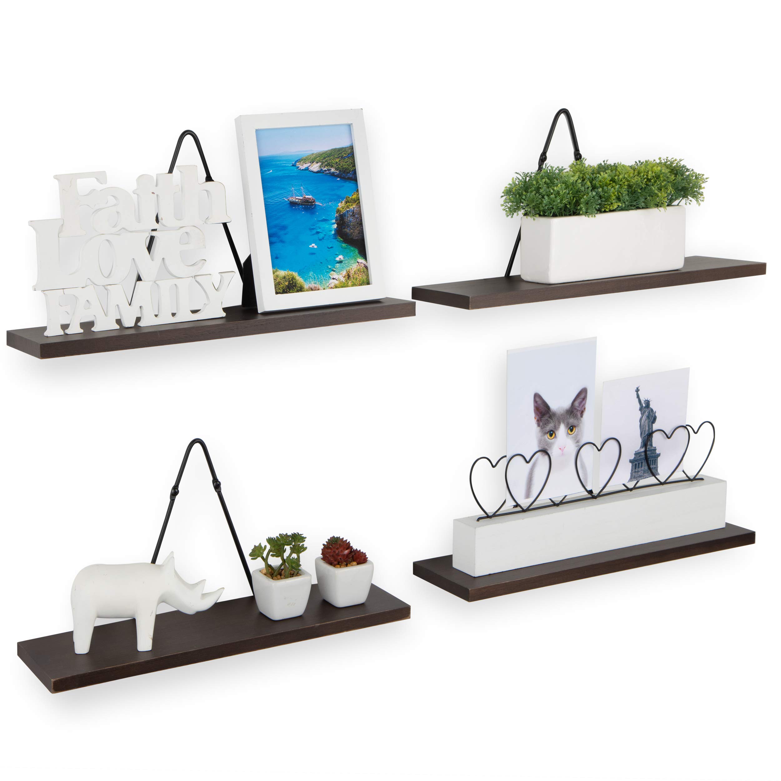 Rustic StateFarmhouse Decor | Wall Mount Floating Shelves Wood with Triangle Bracket Set of 4 Brown 4XRS178