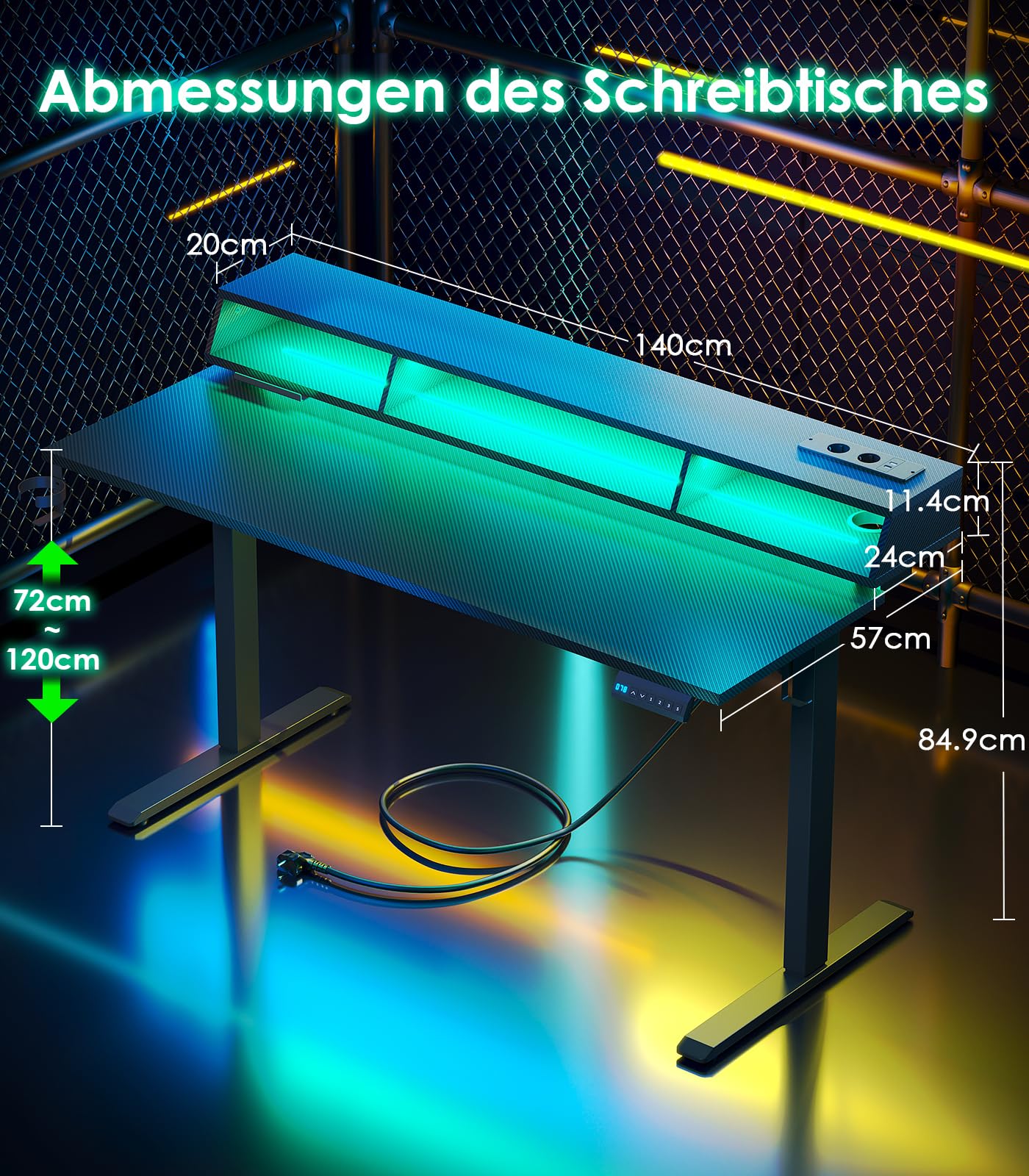 OffiGo Höhenverstellbarer Schreibtisch mit RGB LED 140×60 cm, Schwarz | Gaming Tisch mit RGB LED & Steckdosen, Elektrischer Schreibtisch mit 3 offene Ablagen, Computertisch für Home