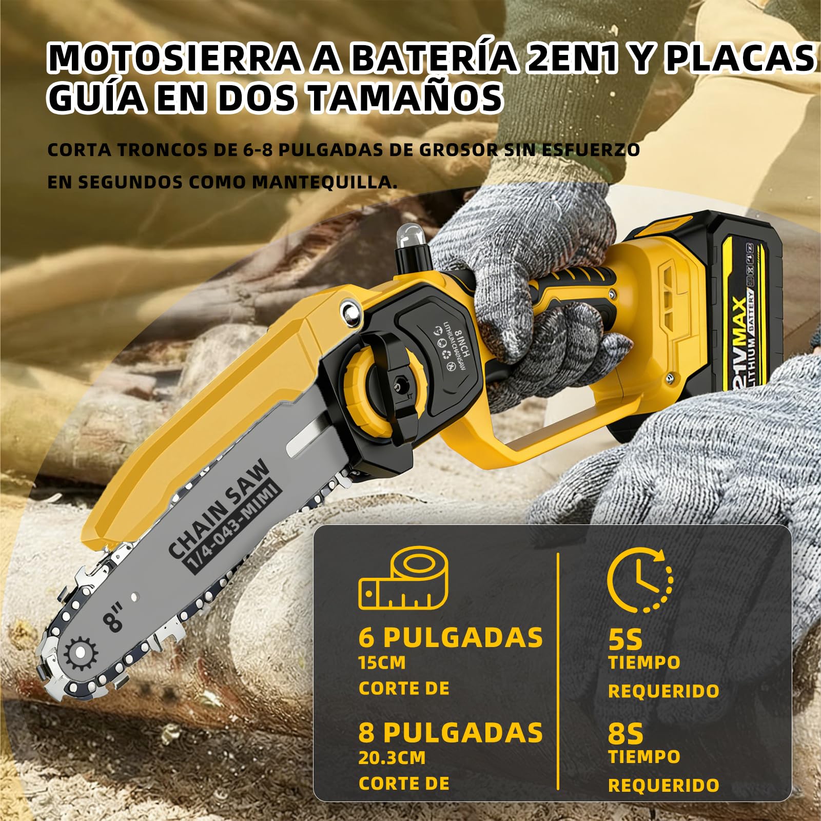 Mini motosierra inalámbrica 8" y 6", engrase automático, cadena repuesto, motor brushless 1200W, 2 baterías 4000mAh – Poda, jardín y corte madera