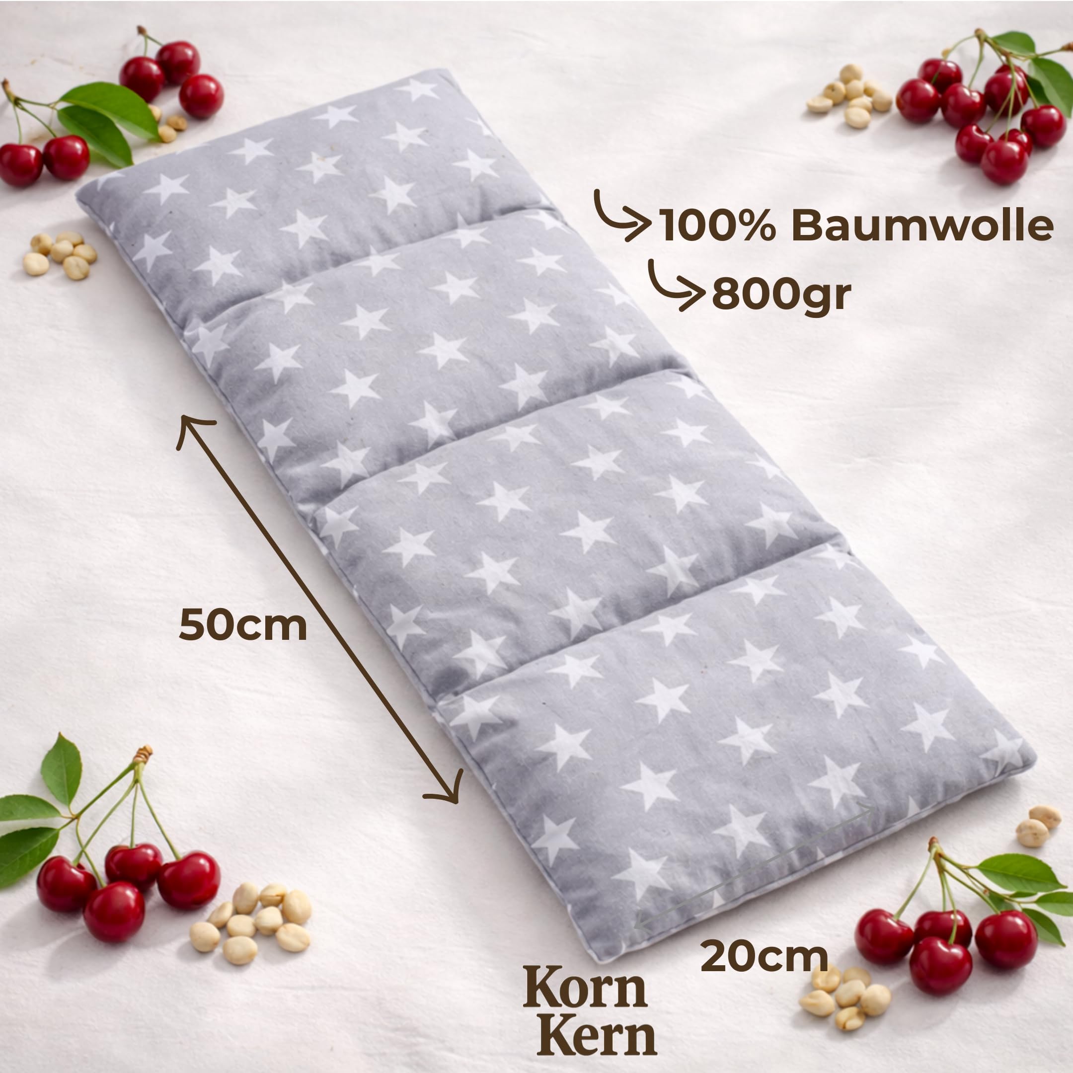KORN&KERN Manufaktur Cojín térmico de huesos de cereza, 20 x 50 cm, 800 g, apto para microondas, cojín térmico natural con huesos de cereza, diseño de estrellas, alternativa a botellas de agua