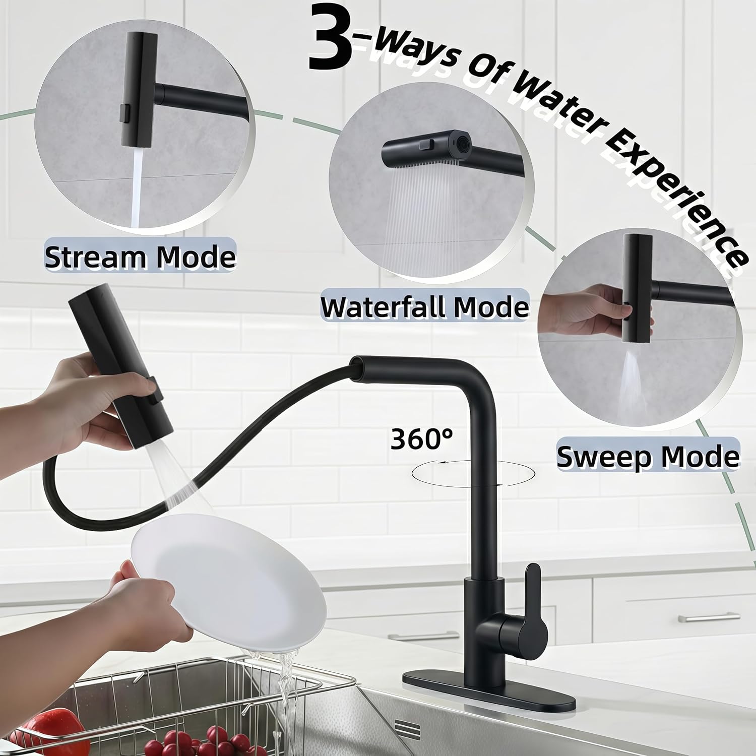 Kitchen Faucet with 3-Function Pull Down Sprayer,Stainless Steel Sink Faucet 1 or 3 Hole,Pull Out Kitchen Faucet,Suitable for Modern Style Homes Camper Rv Bar (Matte Black)