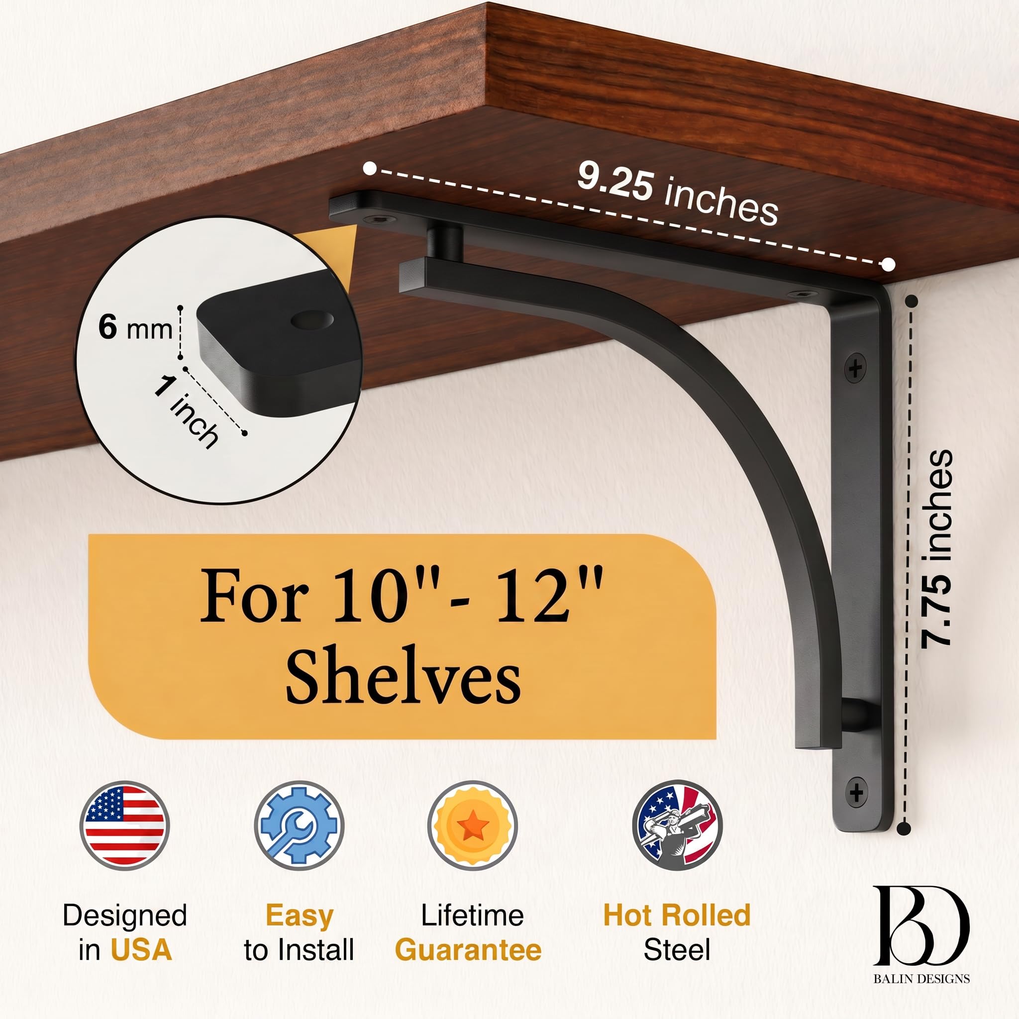 Balin Designs Soporte de estante negro para estantes de 8, 10 y 12 pulgadas, paquete de 4, soportes de estante de metal resistente, soportes en L para estantes, fácil de instalar, estantería interior