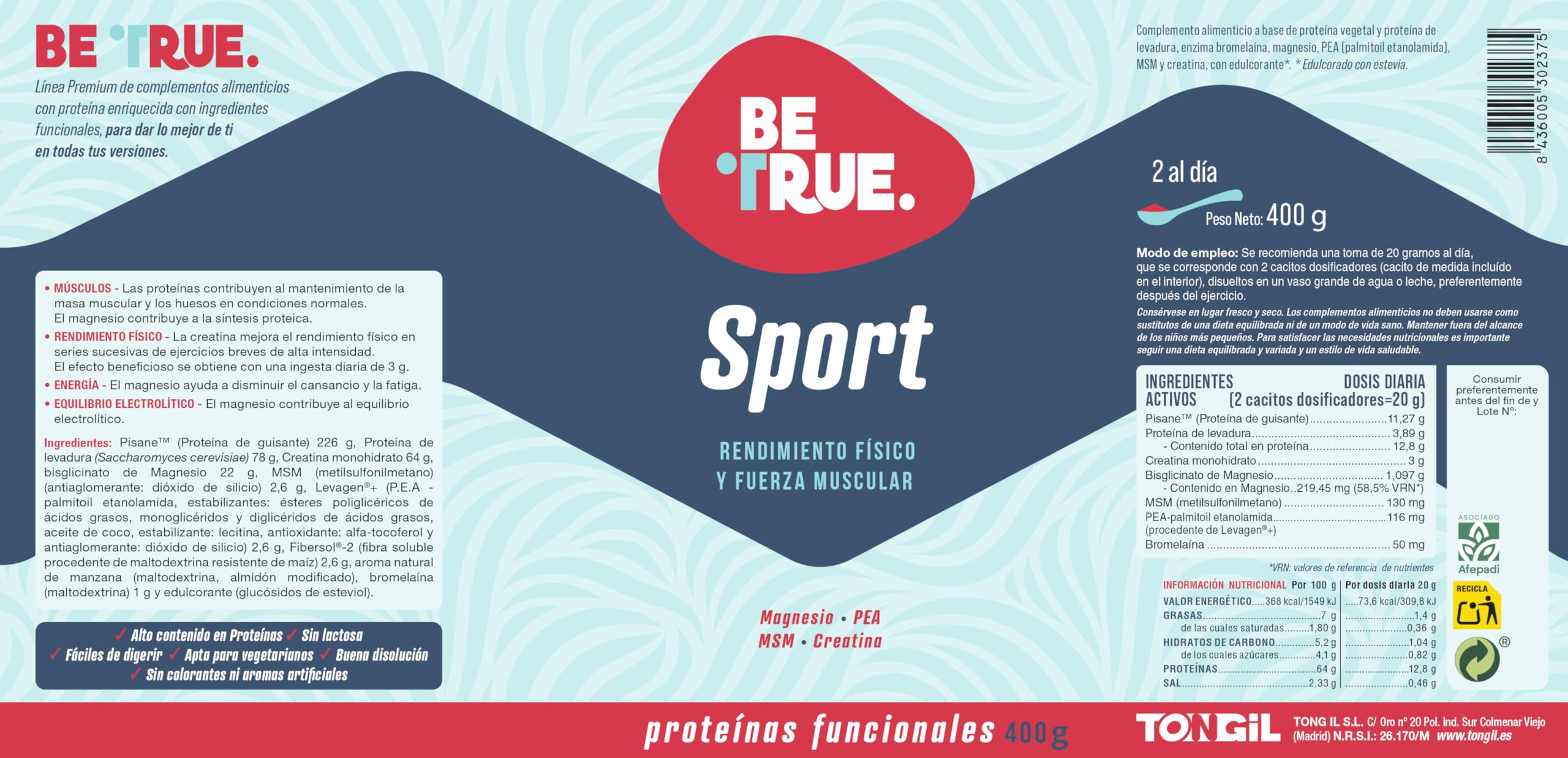 BETRUE SPORT Proteína Vegana | Con Creatina, Magnesio Bisglicinato, PEA, MSM y Bromelaína | Rendimiento físico y Recuperador Muscular | Sin Lactosa, Sin Azúcar, Vegana | 400 g