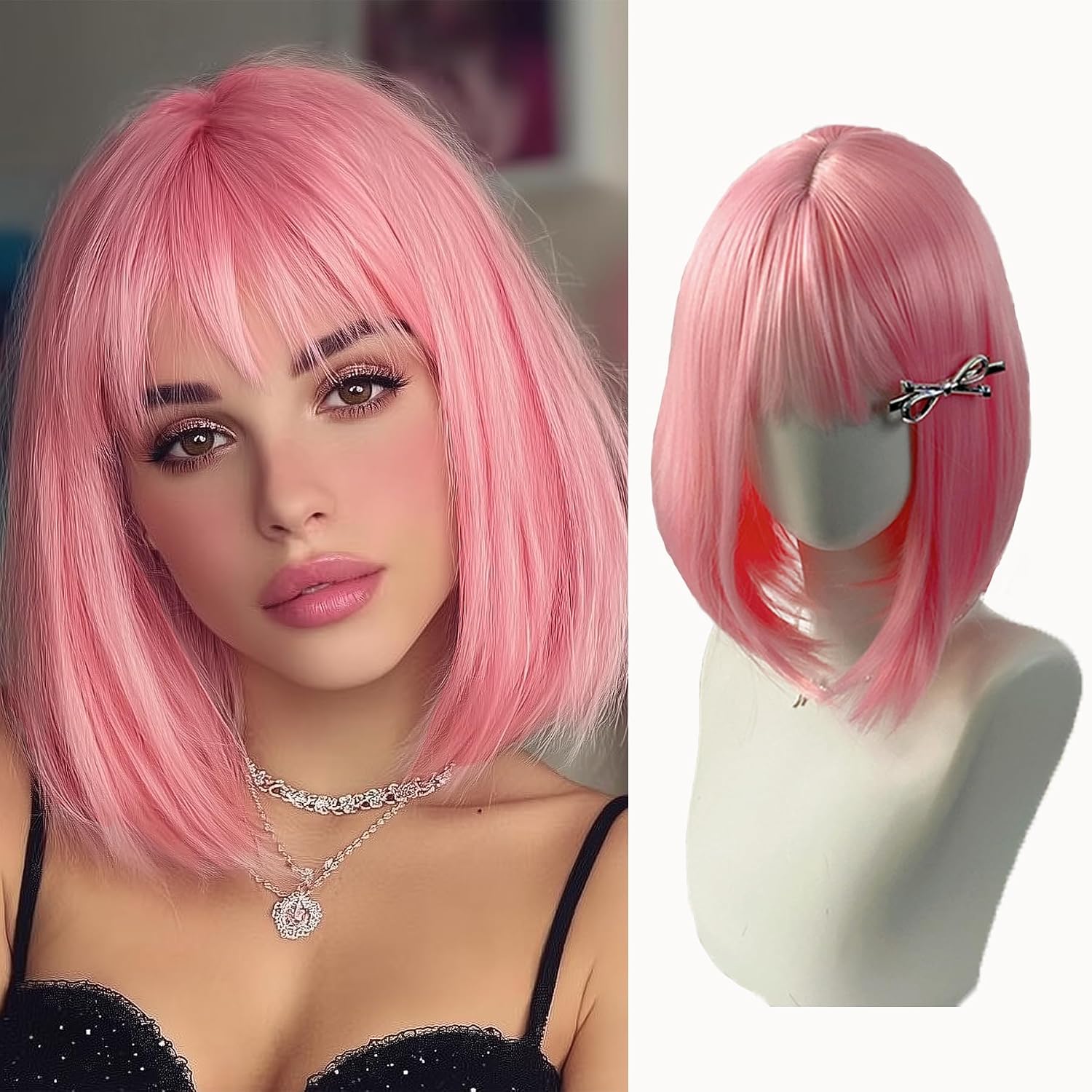 Bob Wig with Bangs Short Wigs for Women Ombre Brown to Blonde Synthetic Wig Straight Natural Hair Replacement Wigs Cosplay with Dark Roots for Holiday Daily Party Use 14 Inches
