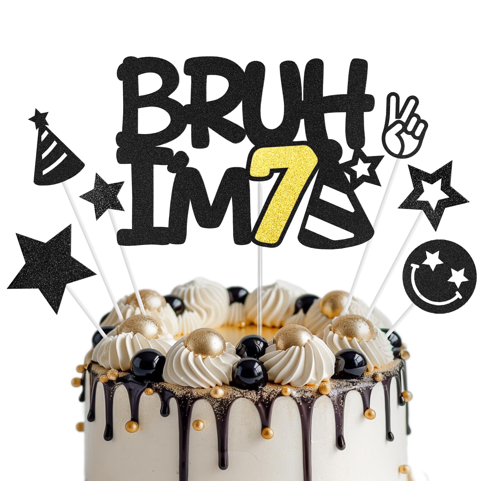 Bruh I'm 7 Cake Topper, Happy 7th Birthday Cake Topper, Black Gold Glitter Cake Decoration, 7 Cake Topper, Birthday Party Cake Decor Supplies for Boys Girls 7 Years Old