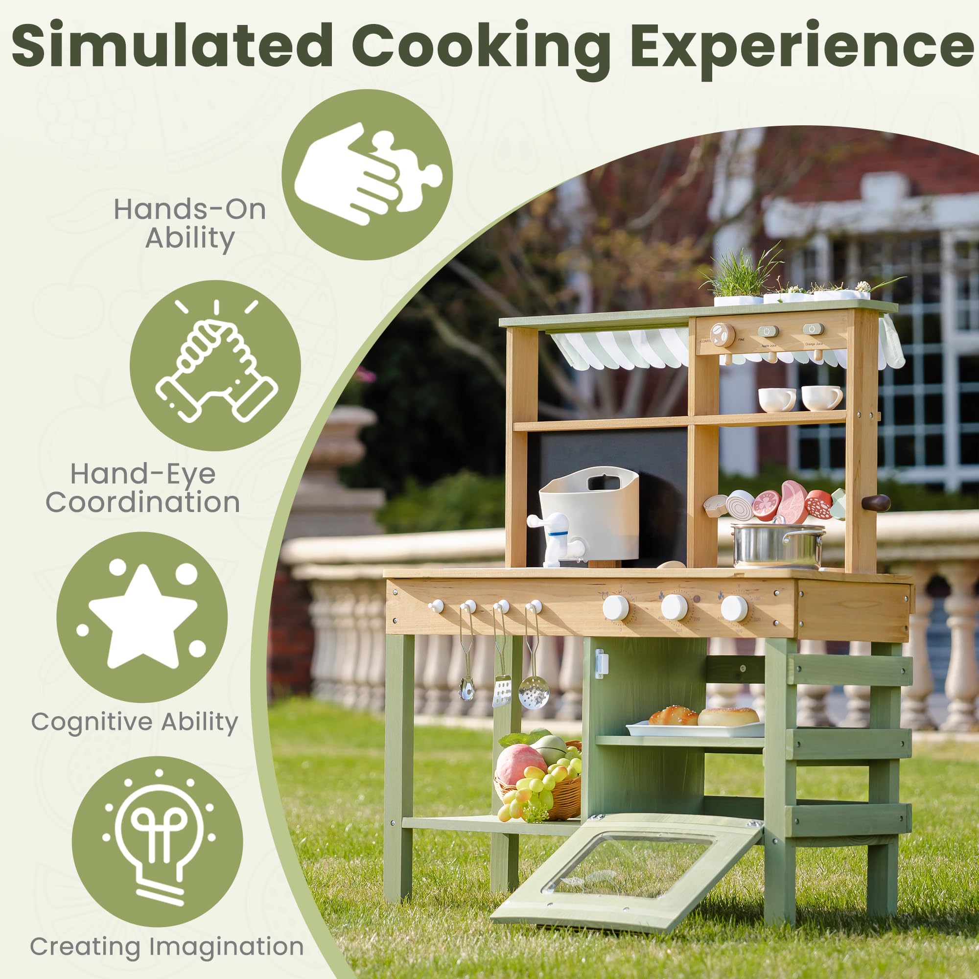 ROBUD Hölzerne Matschküche für Kinder, 17 PCS Pretend Play Kitchen Set mit Wasserspüle, Tafel & Küchenzubehör, Outdoor-Spielzeugküche für BBQ, Küchen-Spielset für Kleinkinder ab 3 Jahren