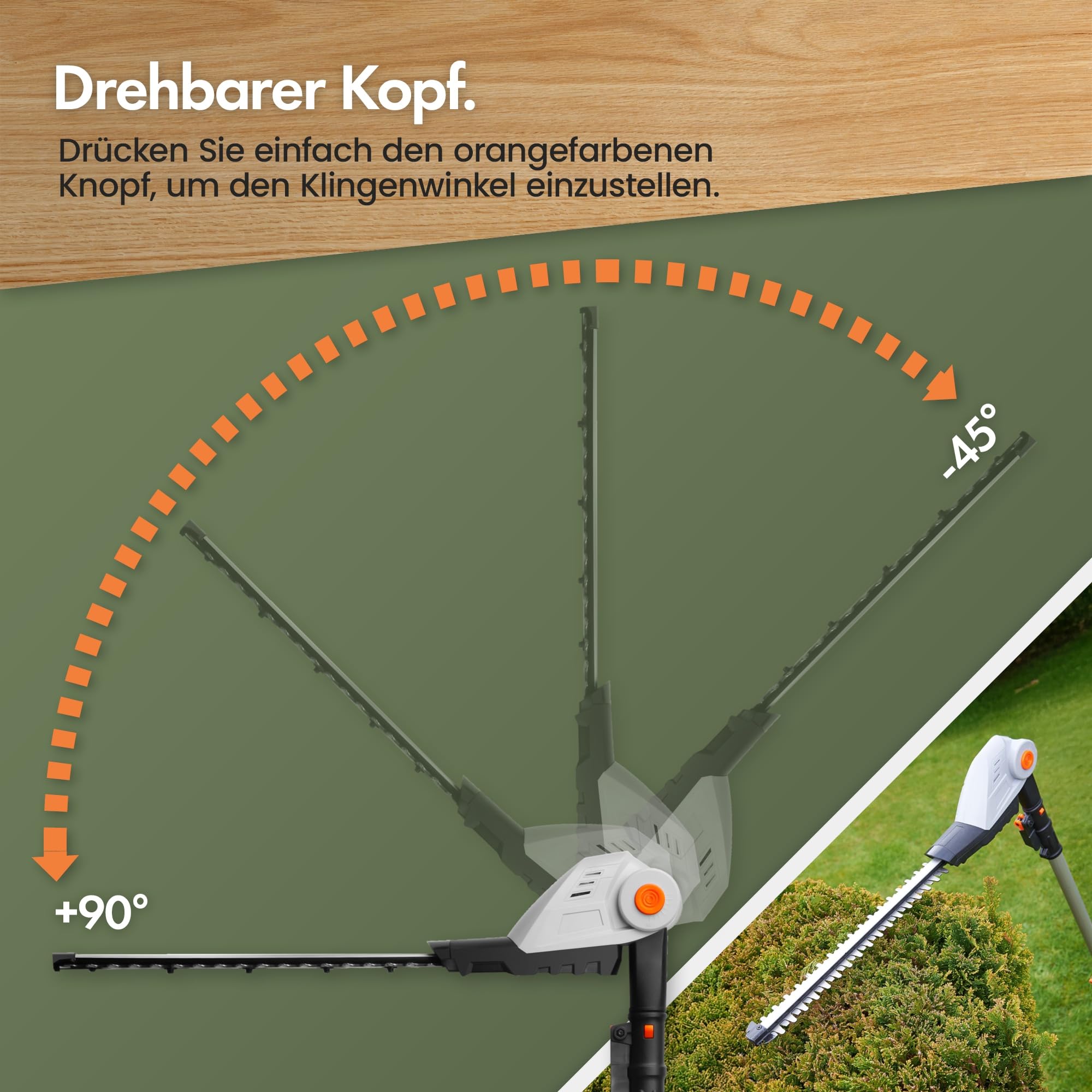 VonHaus 20V Akku Heckenschere für Hecken, Büsche und Zweige | 45 cm Doppelklingen, 135° Verstellbarer Schneidkopf, Ausziehbare Teleskop-Heckenschere, inkl. Akku, Ladegerät & Schultergurt