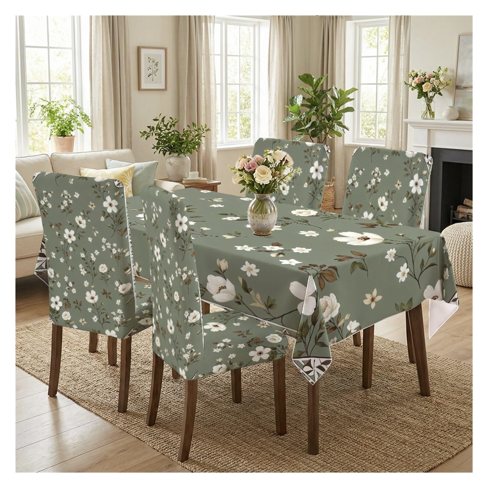 Housses de chaise extensibles et nappe verte fleurie | Lot déco cuisine et salon