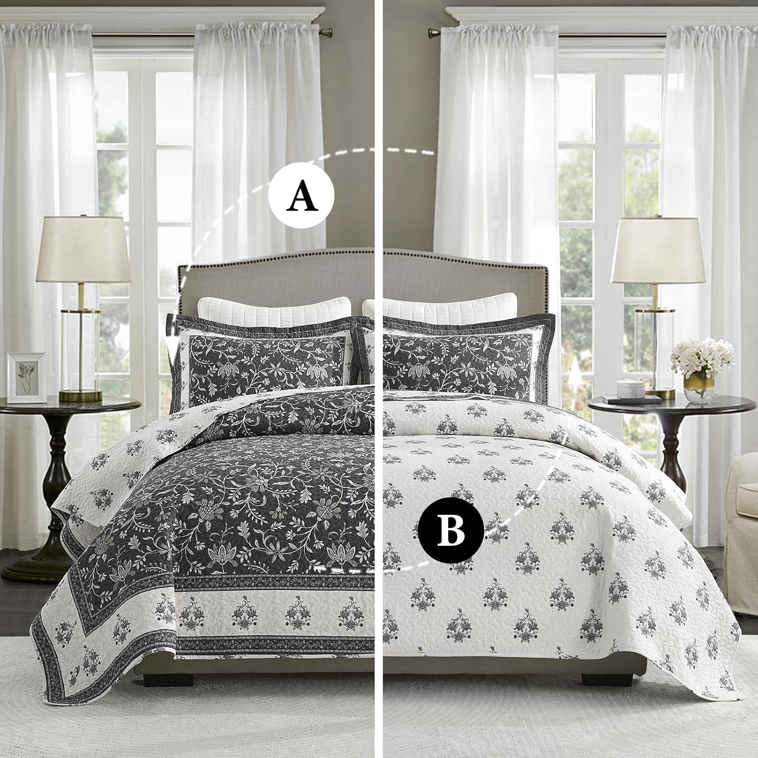 100% Cotton King Quilt 98"x106", Lightweight King Size Bedding Set with 2 Pillowshams, Vine Farmhouse Quilted Bedspread, Reversible Comforter Sets for All Seasons, Charcoal/Beige/Brown