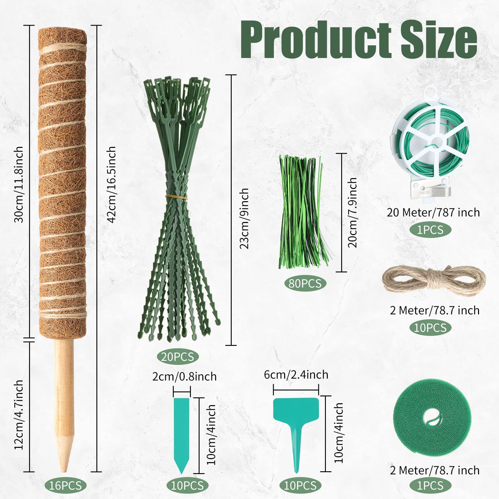 16 Set Moosstange für Pflanzen Monstera 16,5 Zoll Biegbare Pflanzstäbe Unterstützung mit Hanfseilen Pflanzenetiketten Bänder Bindebänder Fischknochen Verriegelungsgurte Grüne Twist Ties für