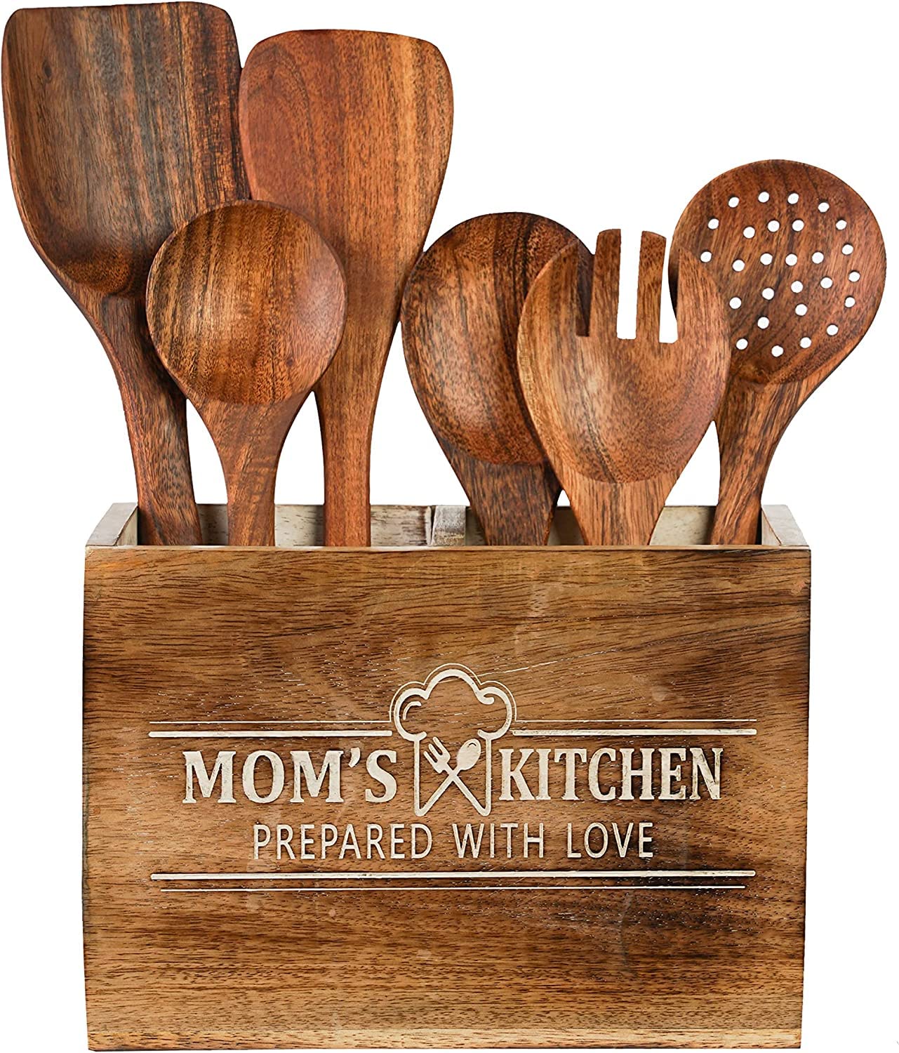 Küchenhelfer-Set aus Akazienholz mit Halterung für Kochen, natürliches Holz-Küchenutensilien-Set mit Spatel und Küchenutensilienhalter Caddy für Arbeitsplatte