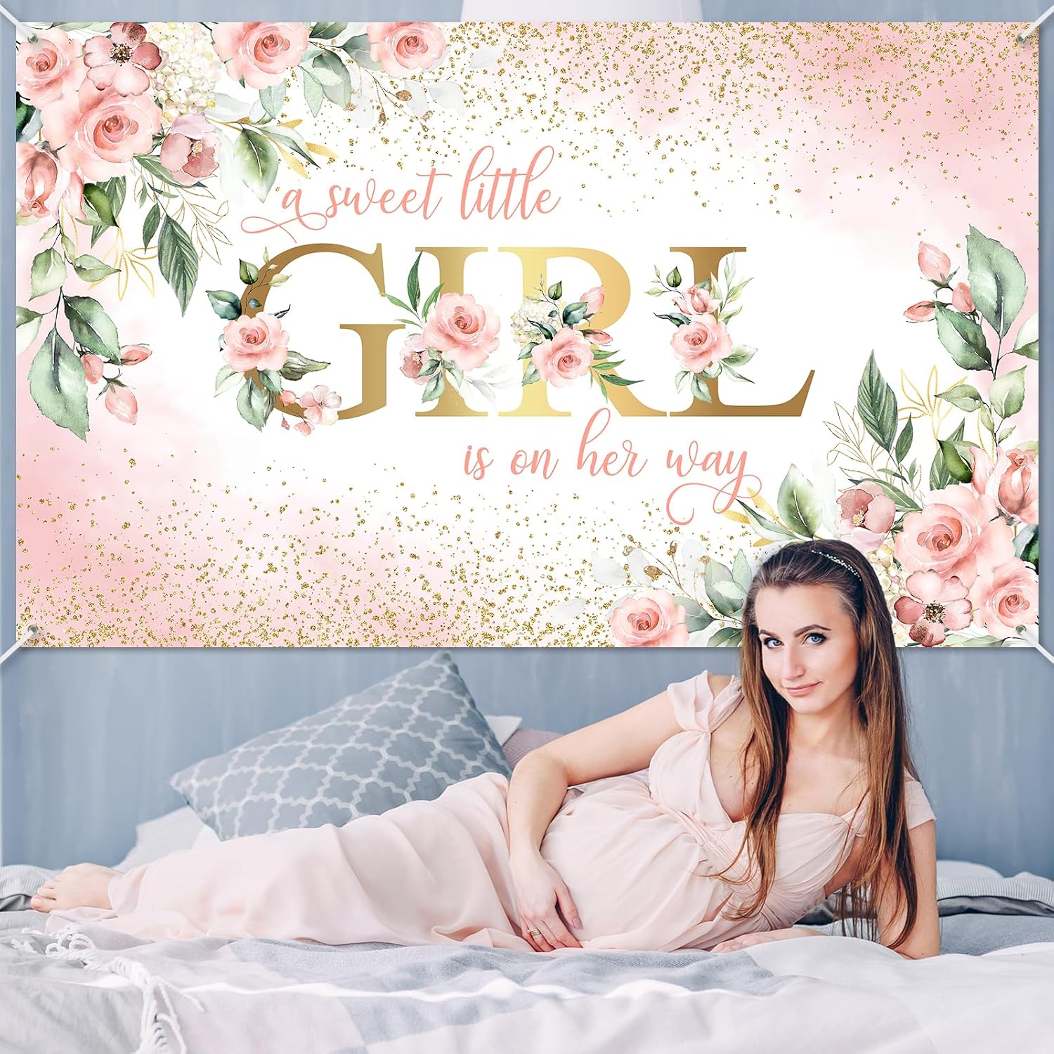 Avezano Girl Baby Shower Backdrop Pink Floral Sweet Baby Baby Shower Banner A Sweet Little Girl is on Her Way Party Decorations Banner 70.8 x 43.3 Inch