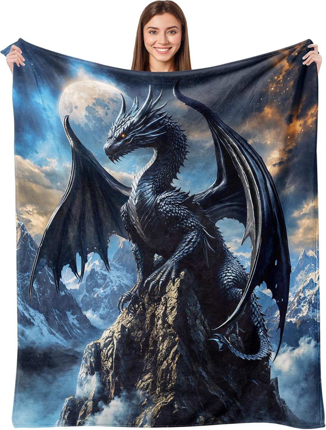 Black Dragon Throw Blanket, Dark Fantasy Mythical Super Soft Warm Flannel Fleece Nap Blankets for Couch Dorm Chair Sofa Room, 50×60 inch