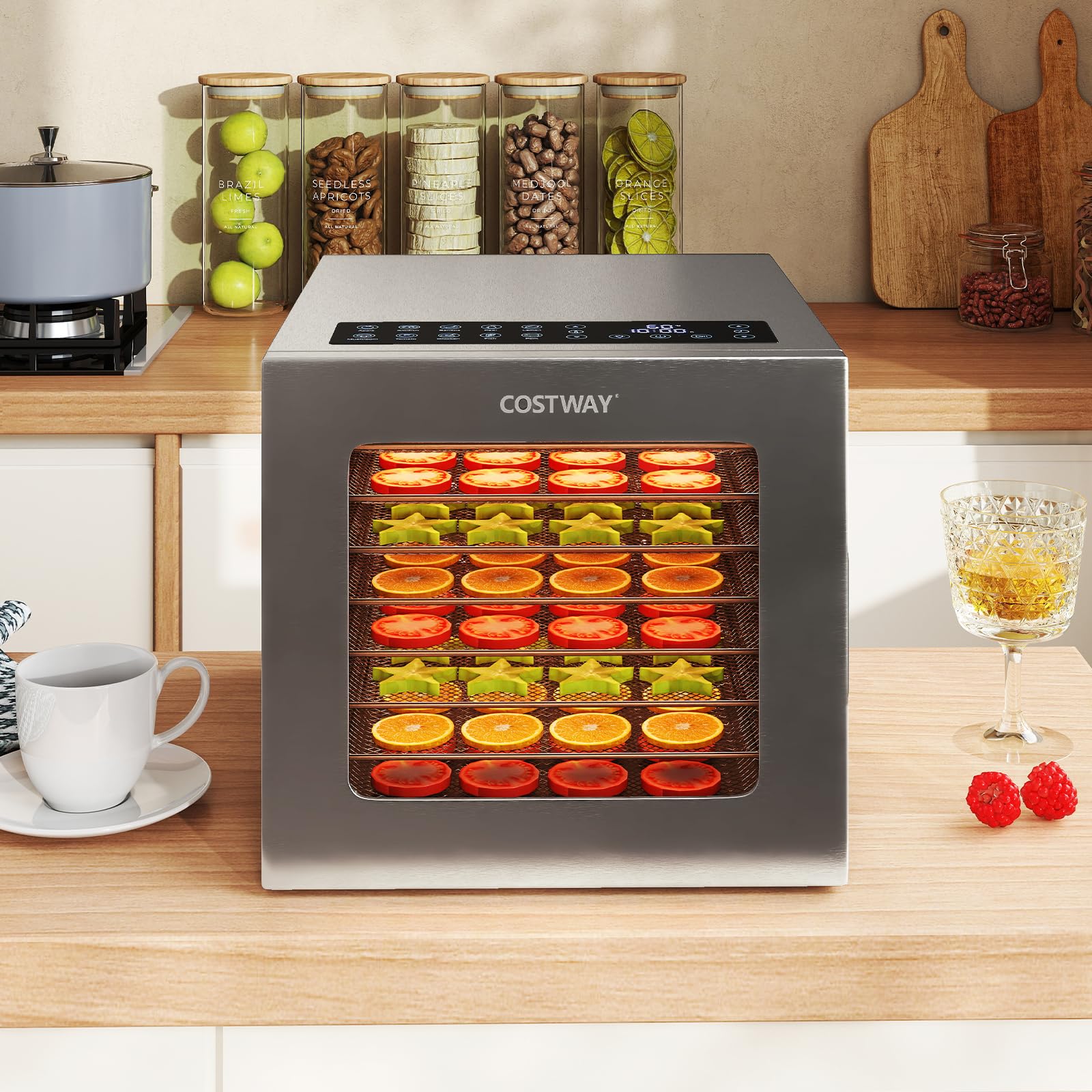 FANTASK - Deshidratador de alimentos (850 W, acero inoxidable, 8 compartimentos), deshidratador con temporizador 48 h y regulador de temperatura de 35 °C a 75 °C, deshidratador para alimentos, carne