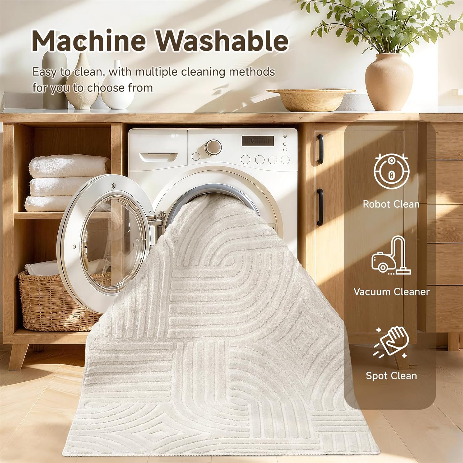 Pauwer Washable Area Rugs for Living Room 3x5, Modern Ultra Soft Fluffy Rugs for Bedroom, Non Slip Boho Indoor Mat Floor Carpet Cover for Kids Room Dining Room Kitchen Office, Beige