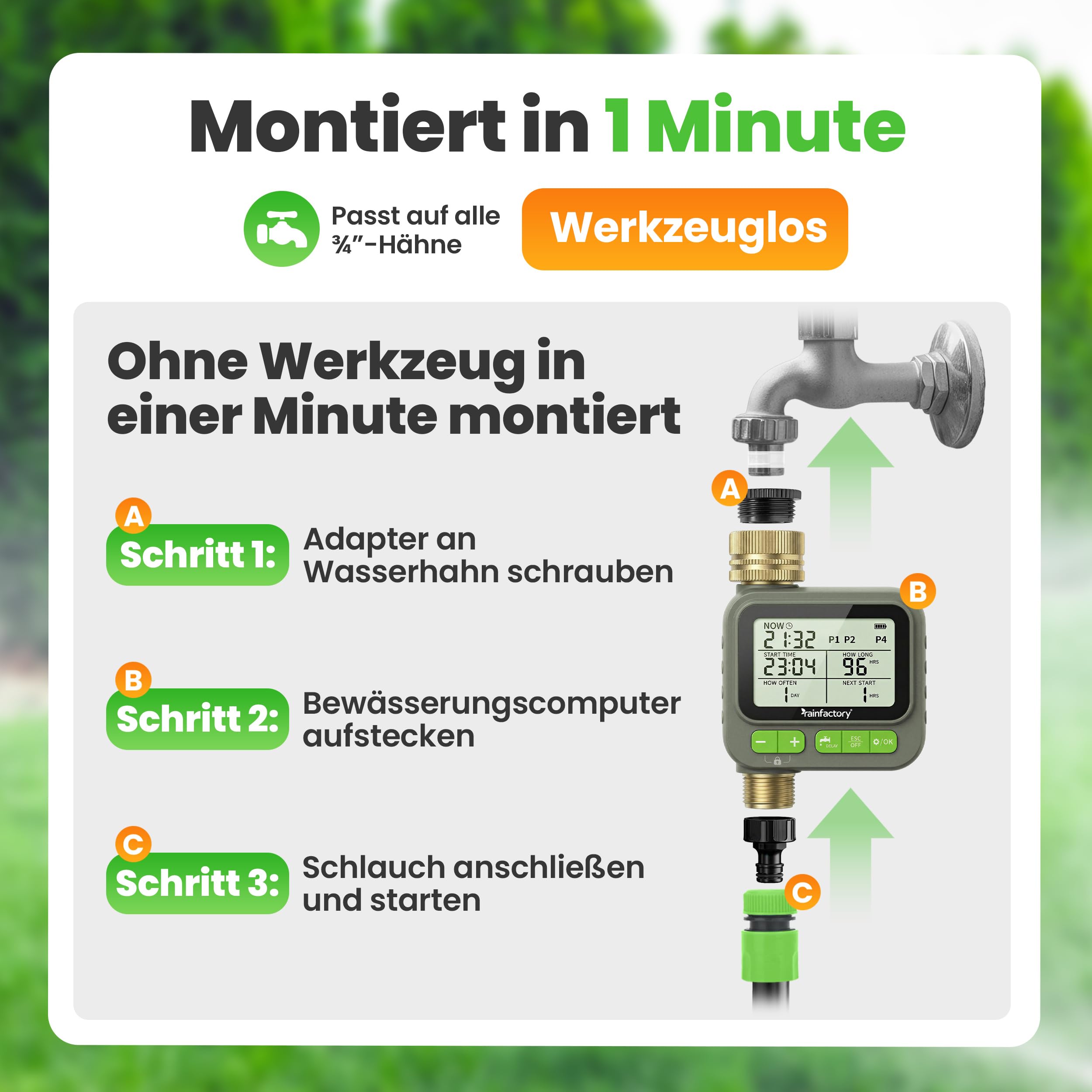 rainfactory Bewässerungscomputer mit Fernbedienung - automatische Bewässerungssteuerung für Garten - Bewässerungsuhr mit 4 Programmen, Delay - Wasser Zeitschaltuhr IP65, 3/4 Zoll für Rasen Beet & Topf