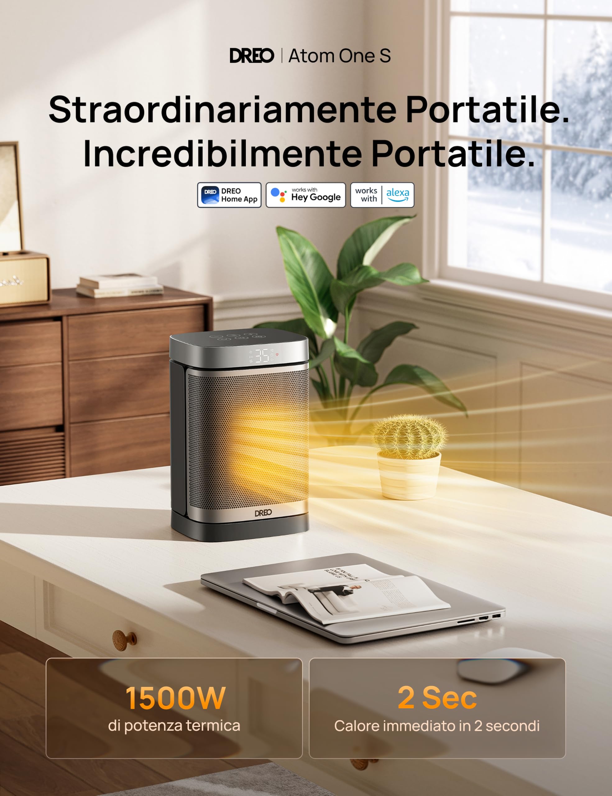 Dreo Riscaldatore intelligente per spazio, Riscaldatore elettrico in ceramica PTC oscillante a 70° con termostato, Telecomando, 3 modalità 3 velocità, Modalità ECO per risparmio energetico