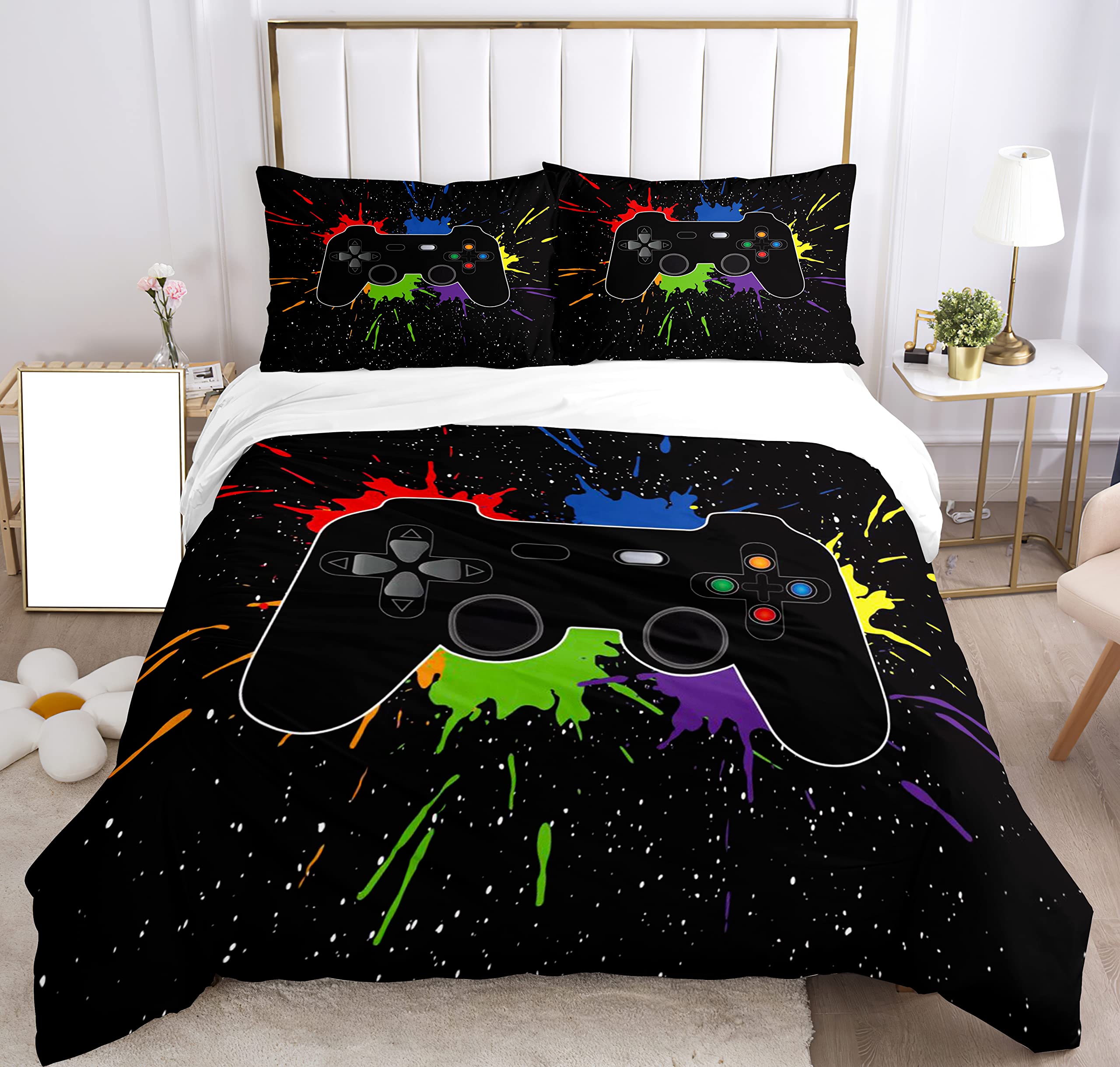 Copripiumino da gioco Set di biancheria da letto per gamepad Set di biancheria da letto Copriletto e copricuscino in microfibra con stampa lenzuola.(Colore, 135x200cm)