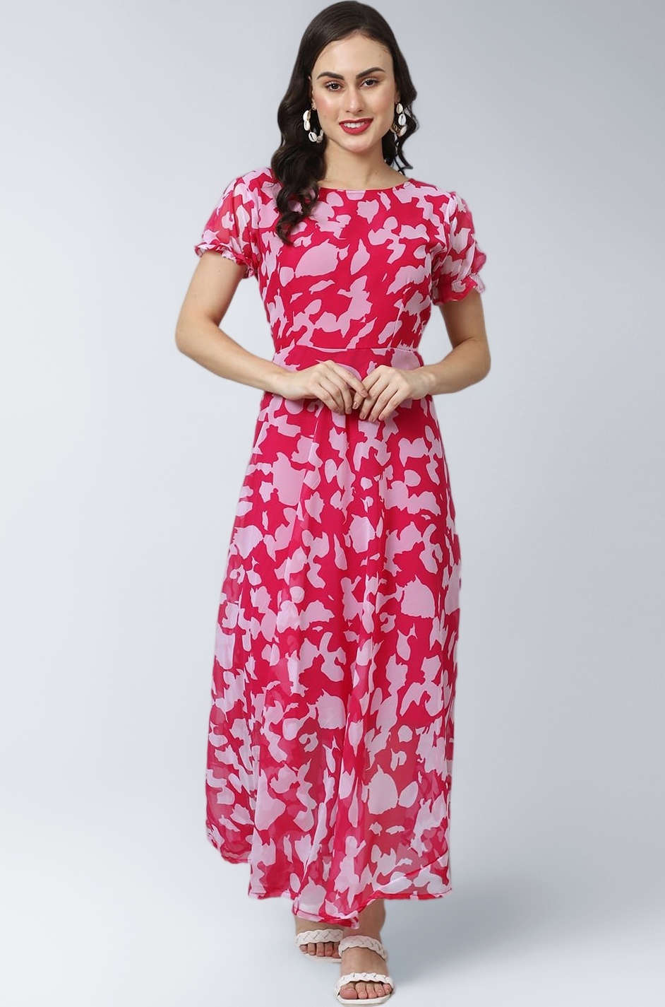 Shasmi Women's Georgette Digital Printed Maxi Dress for Women (Dress 39 Neon Pink L)