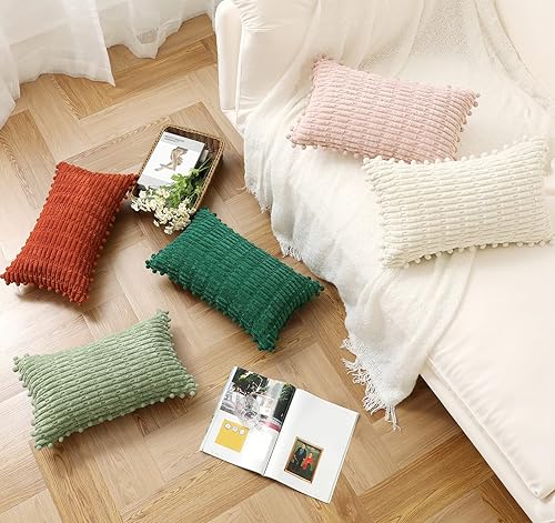 Miniatura 7 de sykting Juego de 2 fundas de almohada decorativas de 16 x 16 pulgadas, suaves, a rayas, bohemias, con pompones, para sofá, cama, sala de estar,