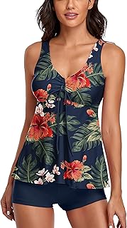 MAIABLEAU Modest Tankini Swimsuits for Women Two Piece Bathing Suits Floral Print Swim Tank Top with Boyshorts