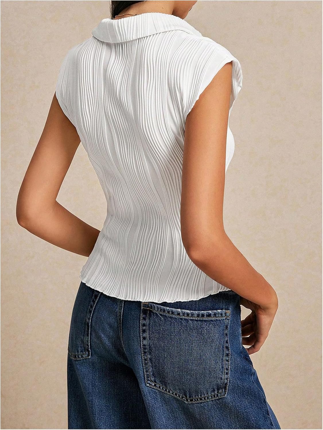 MakeMeChic Women's Button Down Shirt Short Sleeve Textured Crop Collared Slim Fit Dressy Cardigan Sweater Tops - Image 3