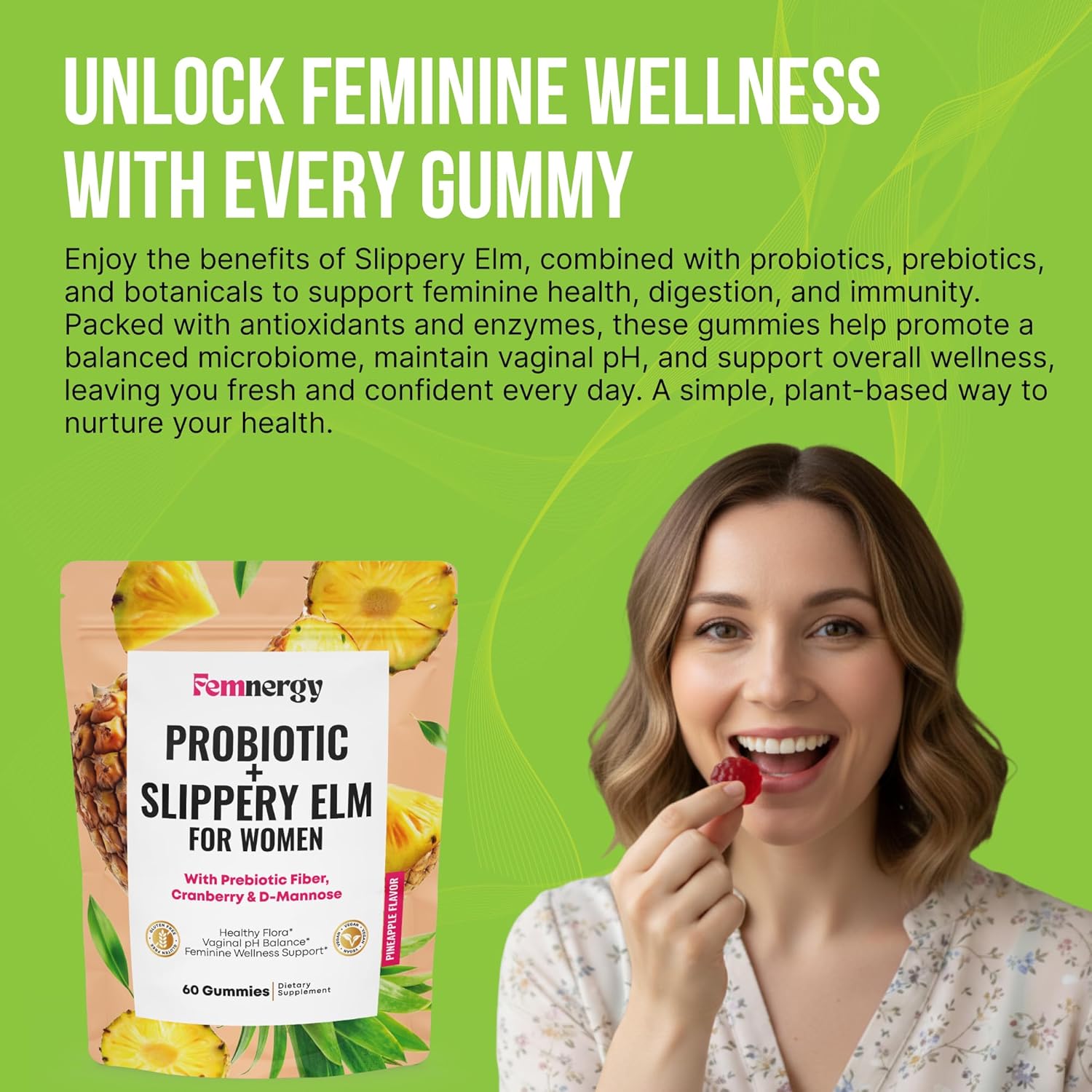 Feminine Probiotics Slippery Elm Gummies - Women's Probiotic for Vaginal Moisture PH Balance Immune Support Healthy Flora & Digestive Health - Tropical Pineapple Flavor Vegan Gluten-Free - Image 2