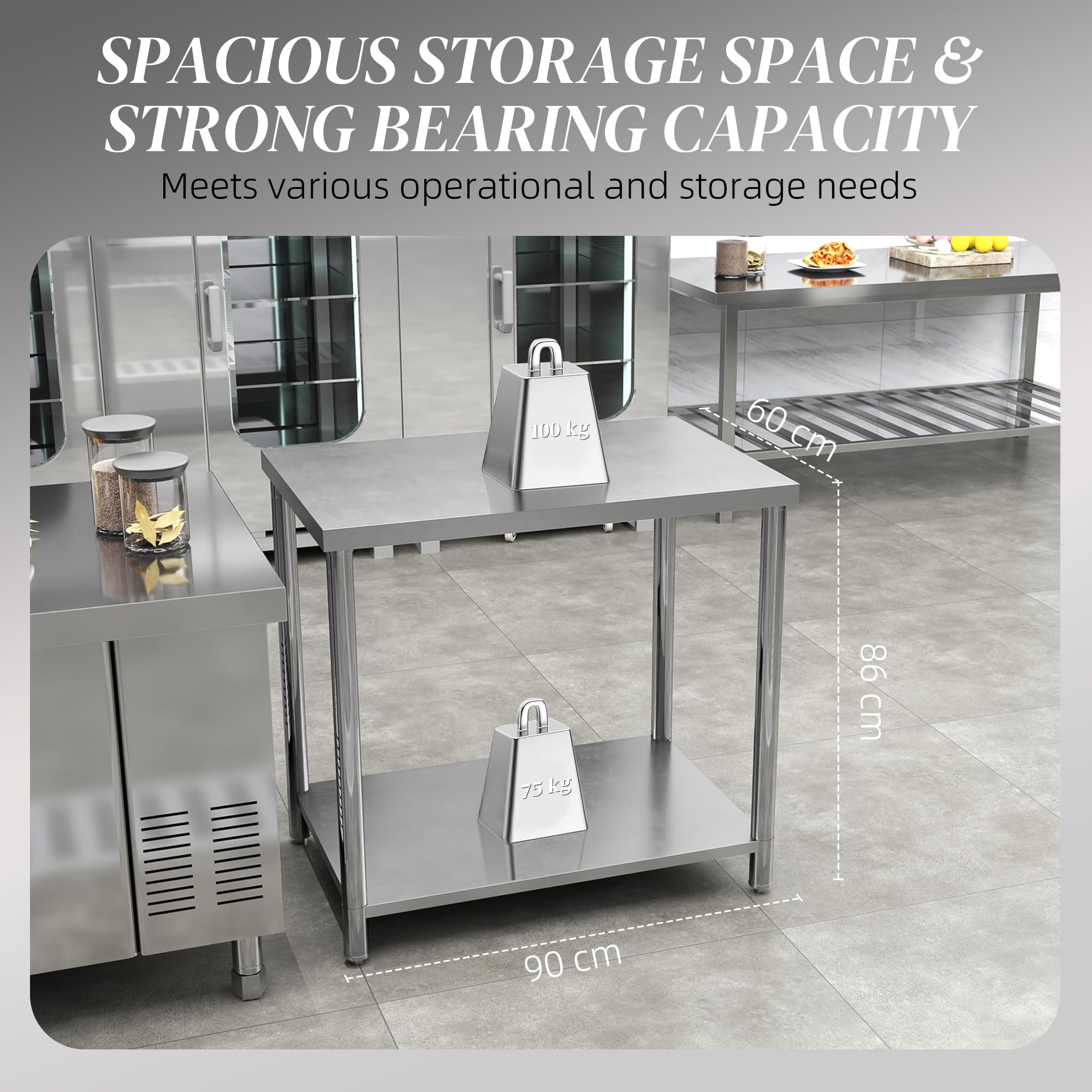 HOMCOM de Trabajo de Acero Inoxidable de preparación de Cocina 2 estantes, encimera para Cocina, Garaje, jardín, 90 x 60 x 86 cm, Plata