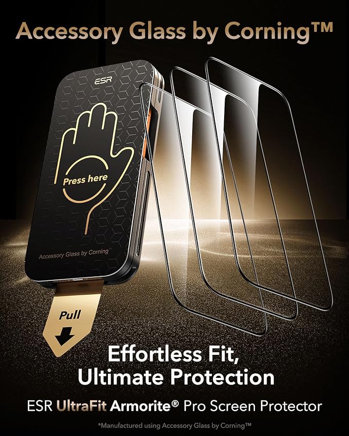 ESR Accessory Glass by Corning™ 3 Pack 9H+ Glass for iPhone 17 Pro Screen Protector, Military Grade Shatterproof & Durable with UltraFit Tray