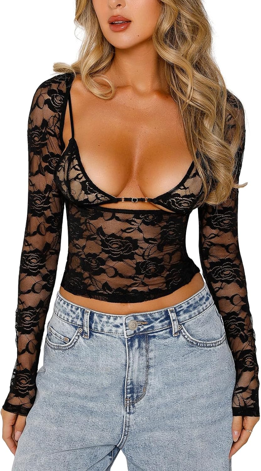 Women Going Out Tops Long Sleeve Sexy Lace Mesh Sheer Y2k Crop Top T Shirts Blouse 2024 Women Clothing Streetwear